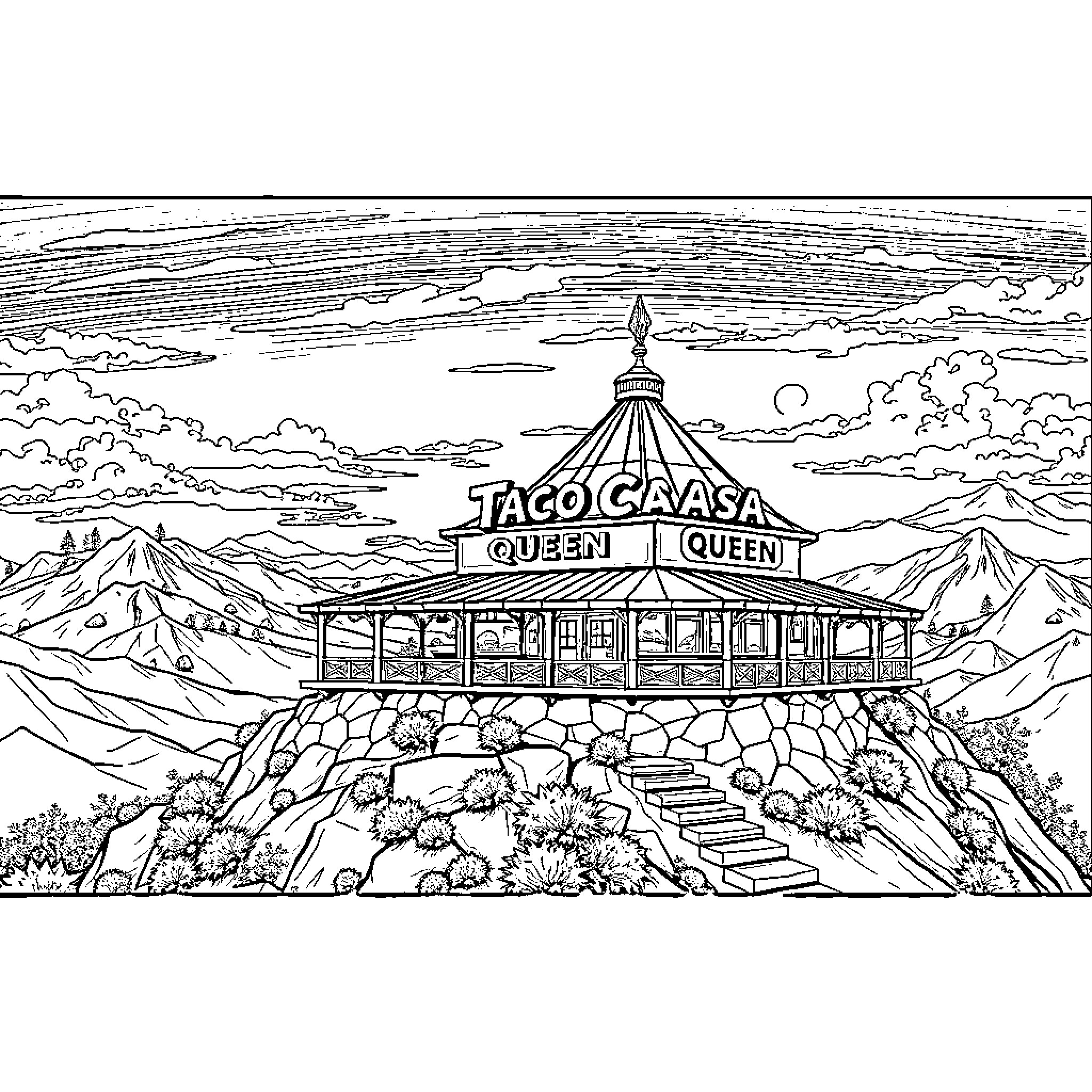 Taco Caasa Queen in a Mountainous Landscape Coloring Page (free black-and-white line drawing printable PDF for all, from beginners to advanced learners, including children, teens, adults, and seniors)