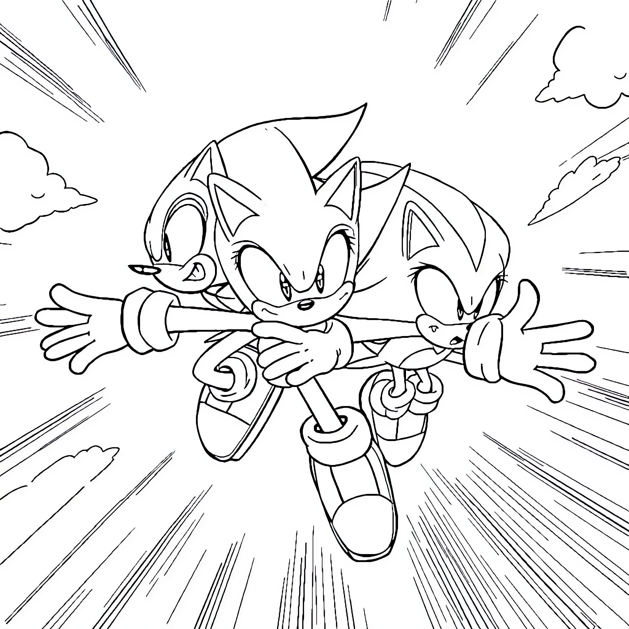 Hedgehog duo speeding through dynamic environment Coloring Page (free black-and-white line drawing printable PDF for all, from beginners to advanced learners, including children, teens, adults, and seniors)