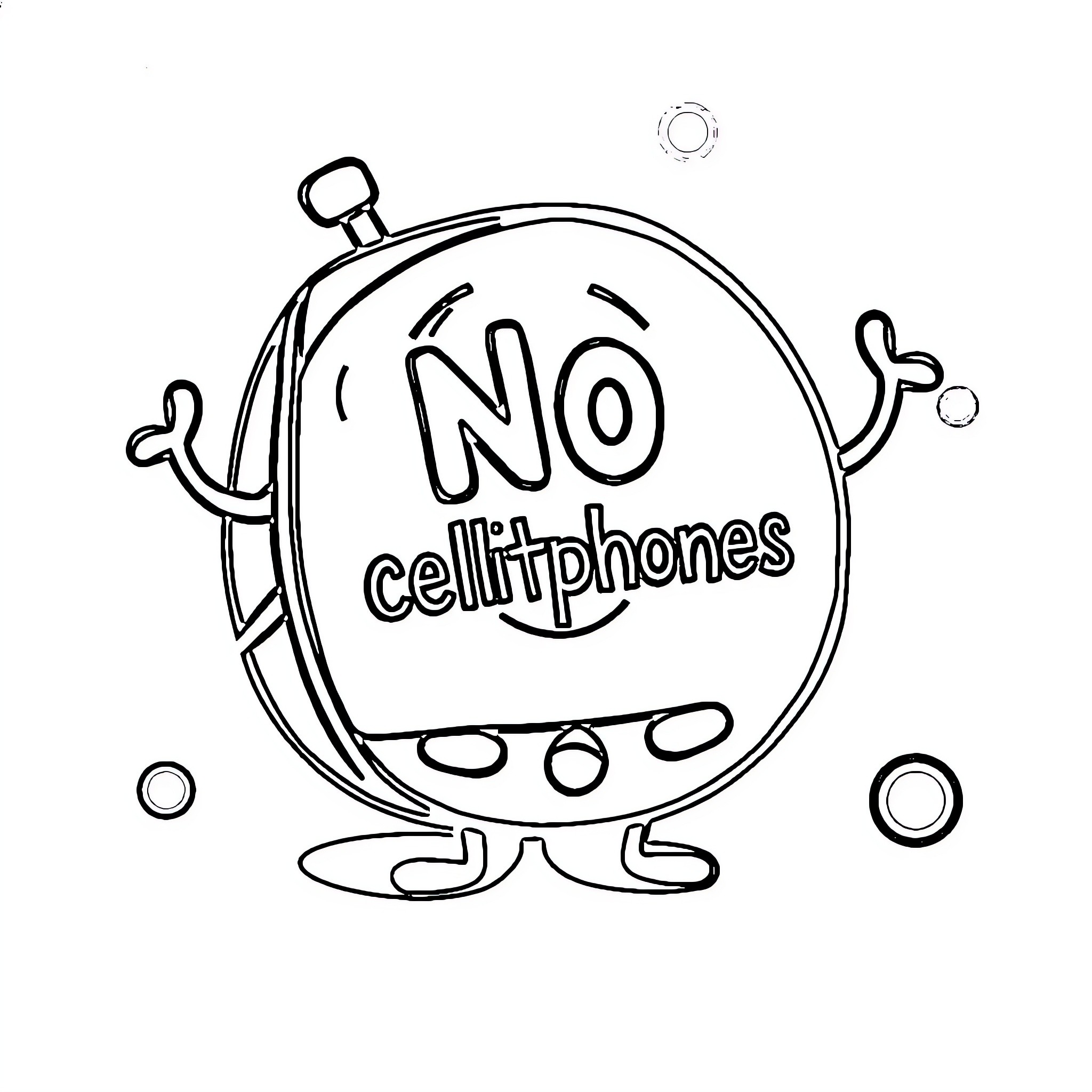 Cell displaying 'No cell phones' message Coloring Page (free black-and-white line drawing printable PDF for all, from beginners to advanced learners, including children, teens, adults, and seniors)
