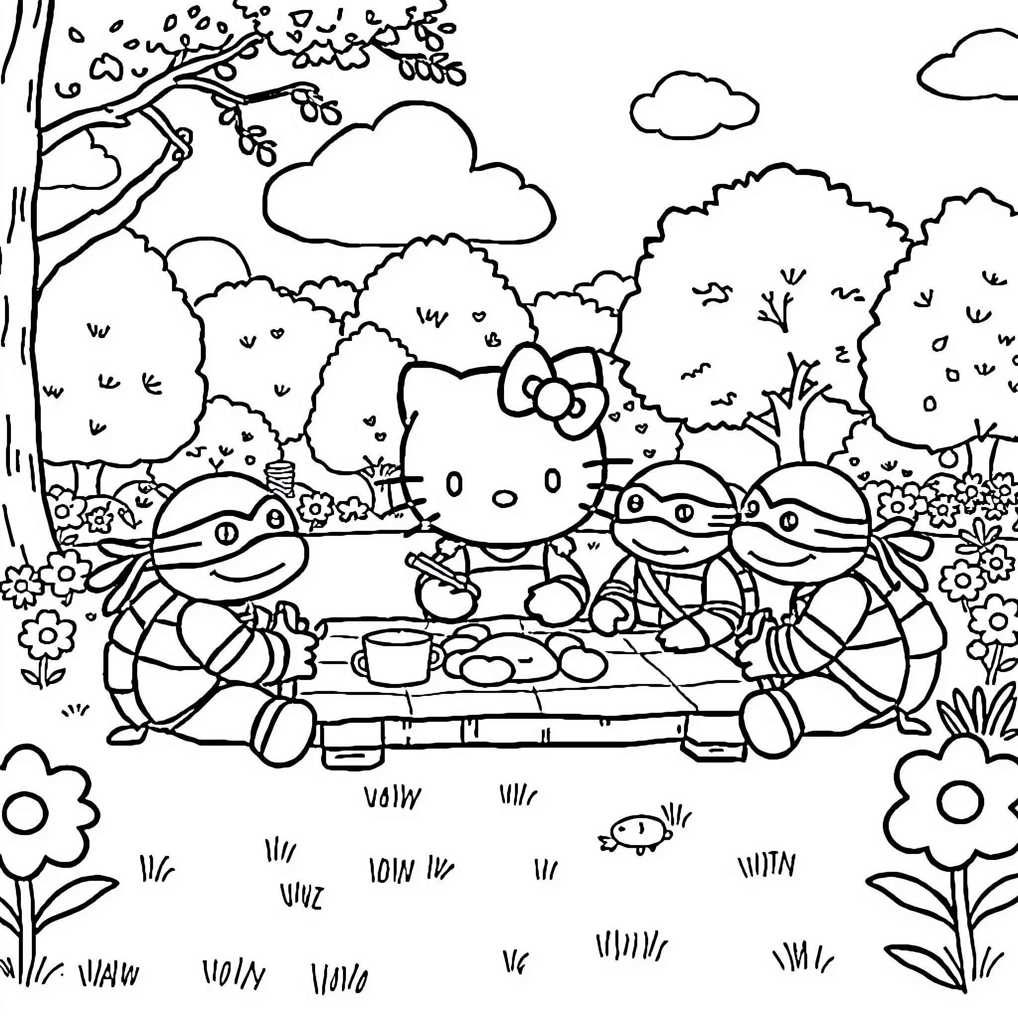 Hello Kitty's Friendly Picnic in the Park Coloring Page (free black-and-white line drawing printable PDF for all, from beginners to advanced learners, including children, teens, adults, and seniors)