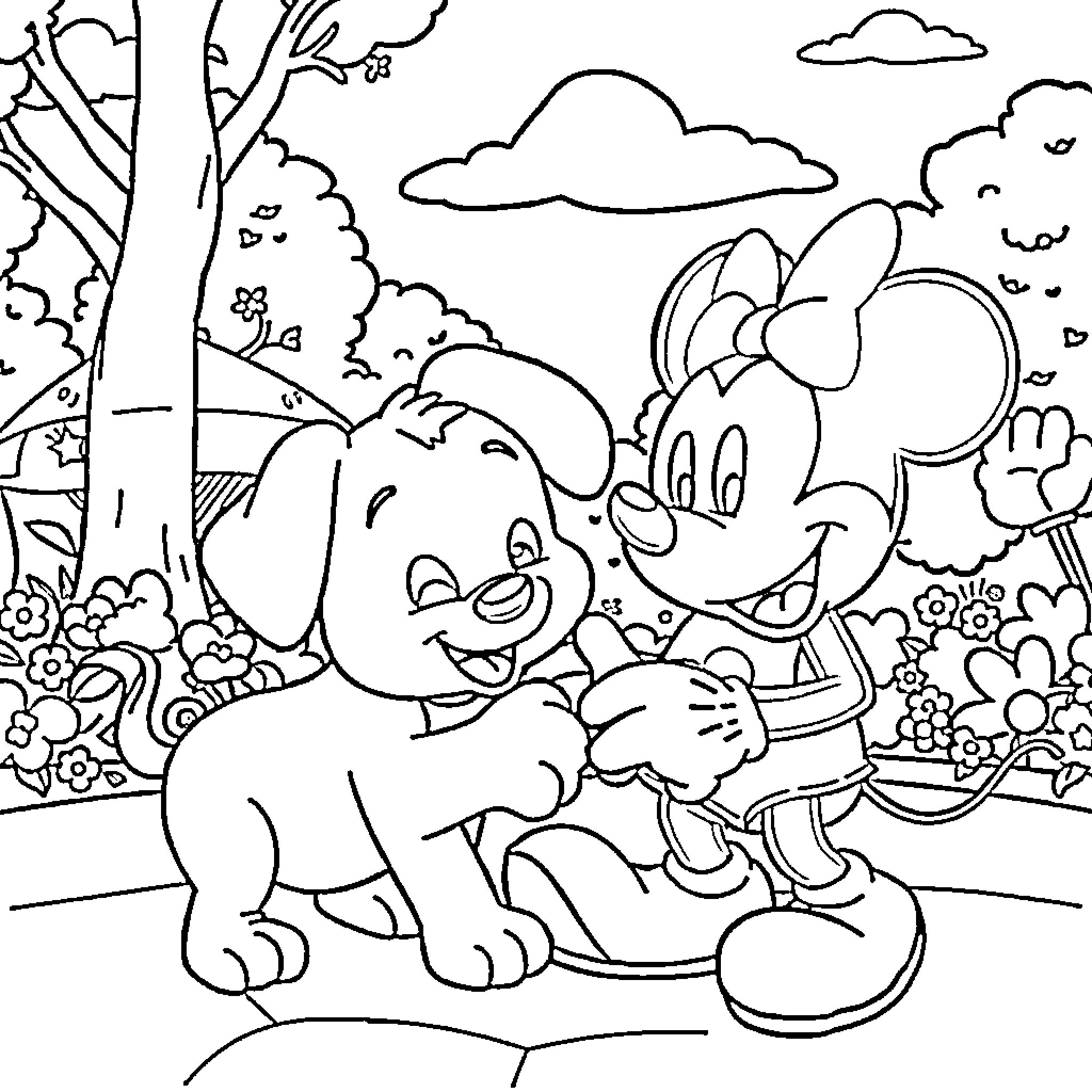Bluey and Friends Playing in the Park Coloring Page (free black-and-white line drawing printable PDF for all, from beginners to advanced learners, including children, teens, adults, and seniors)