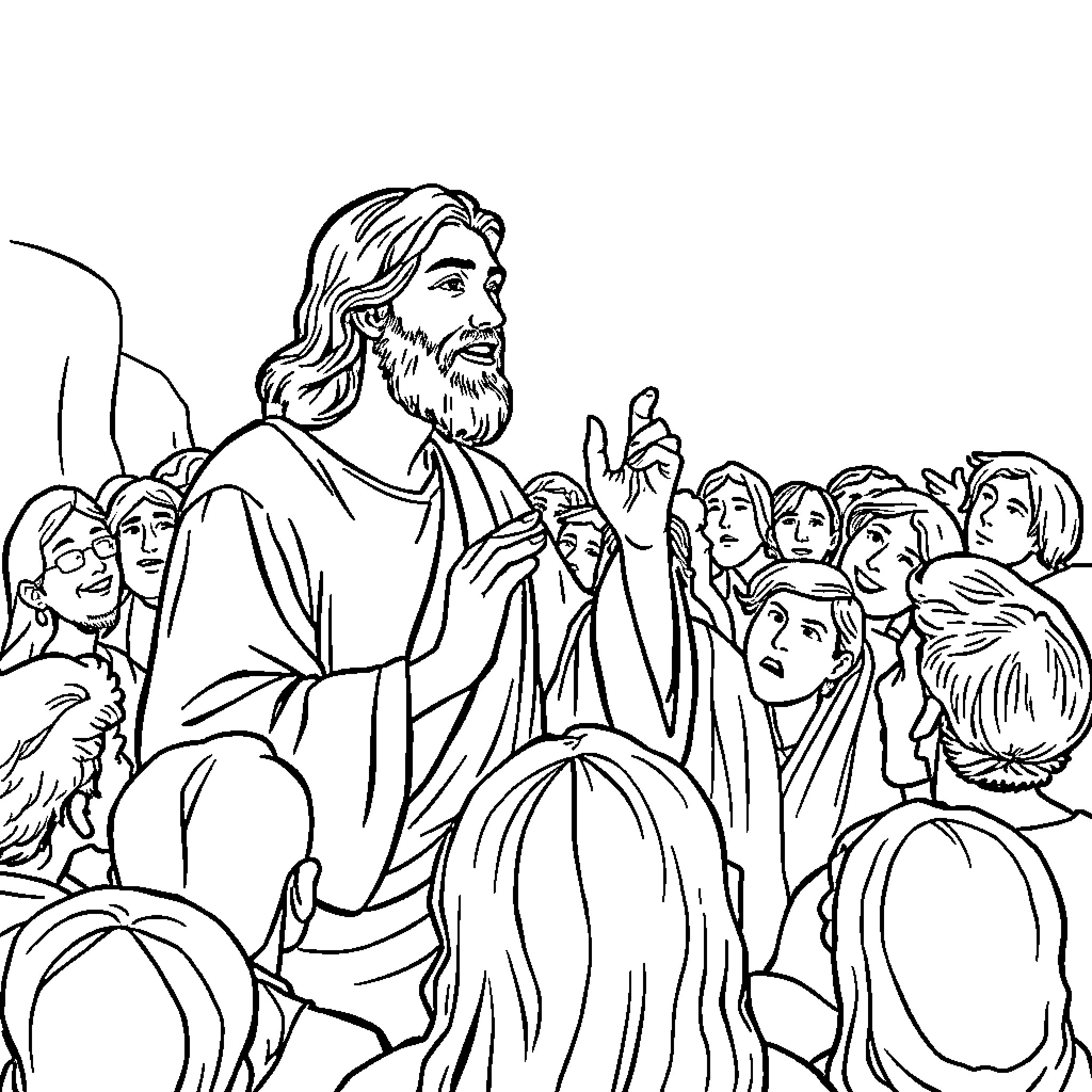 Jesus Teaching and Preaching to a Crowd Coloring Page (free black-and-white line drawing printable PDF for all, from beginners to advanced learners, including children, teens, adults, and seniors)