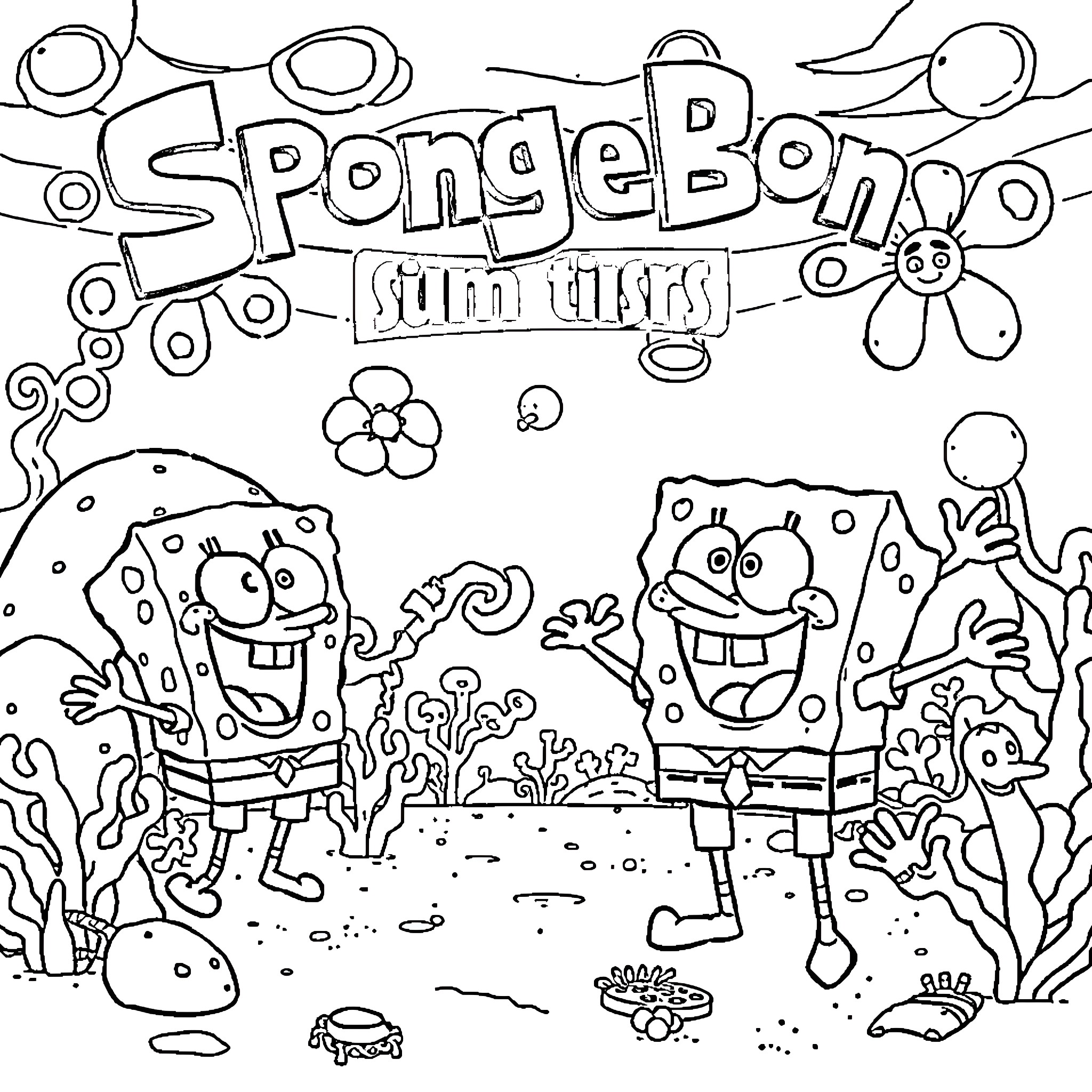 Spongebob and friends in a fun undersea scene Coloring Page (free black-and-white line drawing printable PDF for all, from beginners to advanced learners, including children, teens, adults, and seniors)