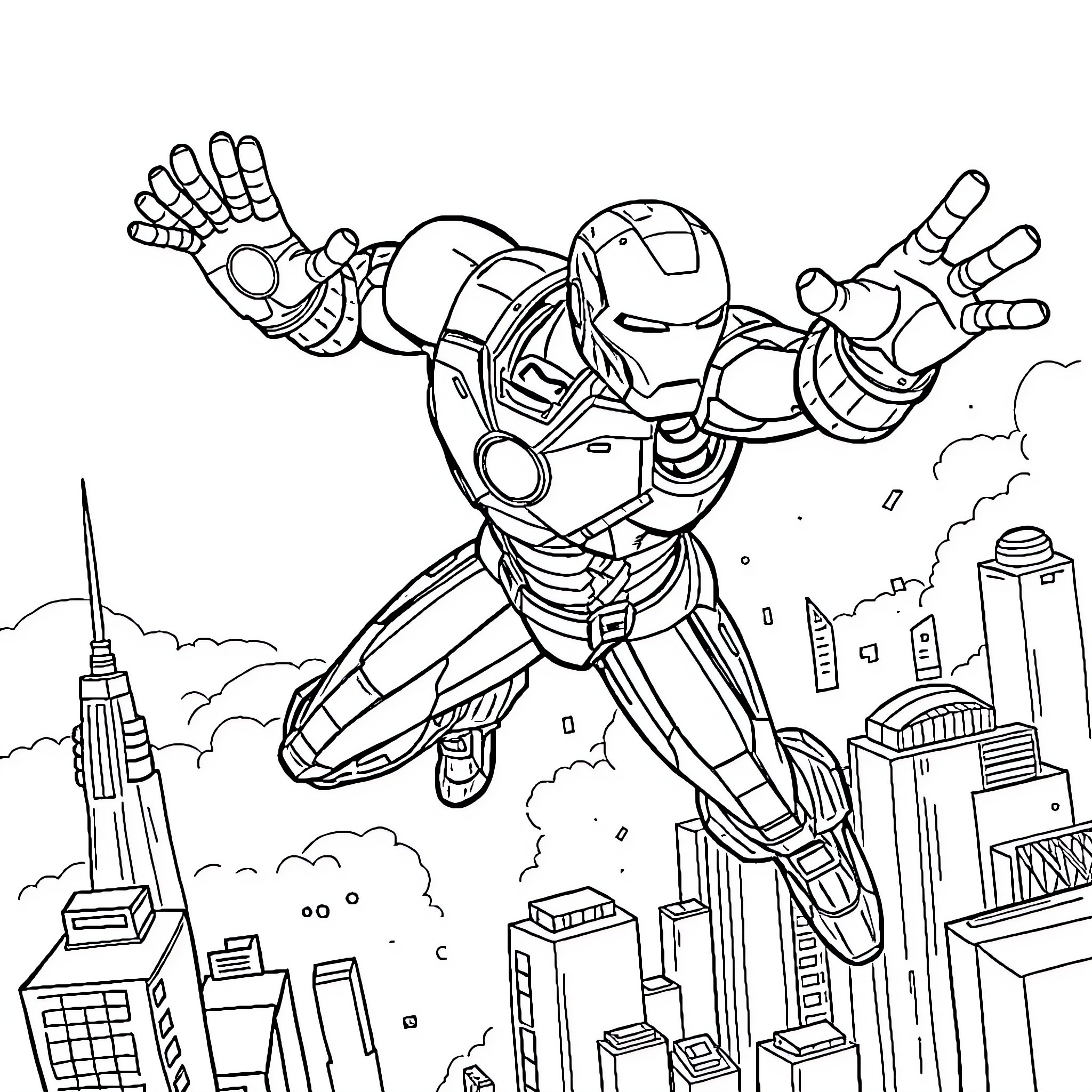 Iron Man heroically flying over the city skyline Coloring Page (free black-and-white line drawing printable PDF for all, from beginners to advanced learners, including children, teens, adults, and seniors)