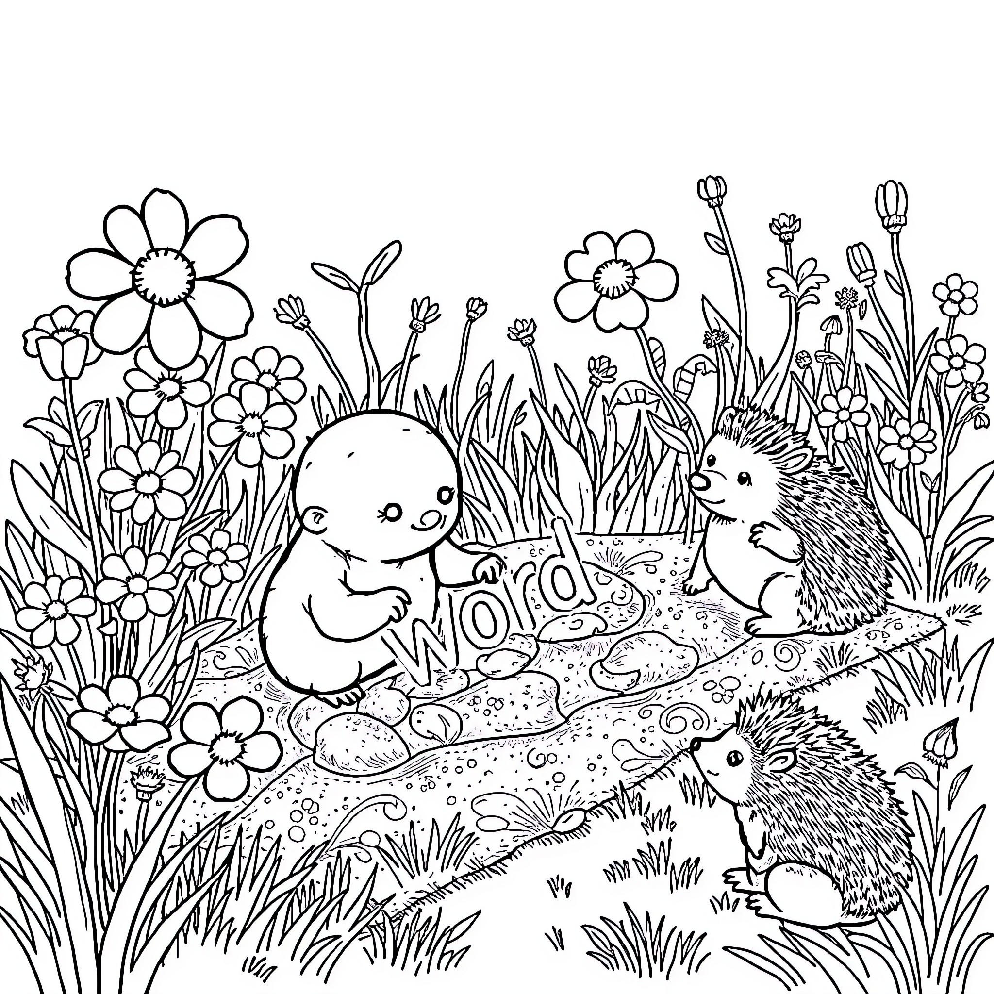 Mole and Hedgehogs Exploring the Floral Meadow Coloring Page (free black-and-white line drawing printable PDF for all, from beginners to advanced learners, including children, teens, adults, and seniors)