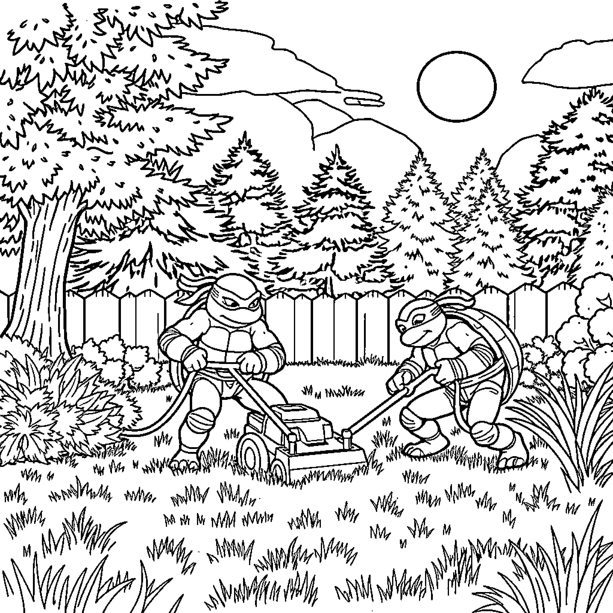 Teenage Mutant Ninja Turtles in the Forest Coloring Page (free black-and-white line drawing printable PDF for all, from beginners to advanced learners, including children, teens, adults, and seniors)