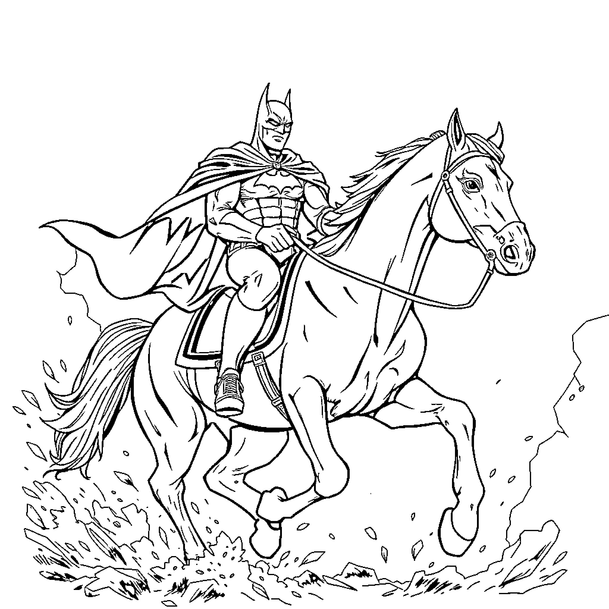 Batman Riding His Noble Steed into Action Coloring Page (free black-and-white line drawing printable PDF for all, from beginners to advanced learners, including children, teens, adults, and seniors)