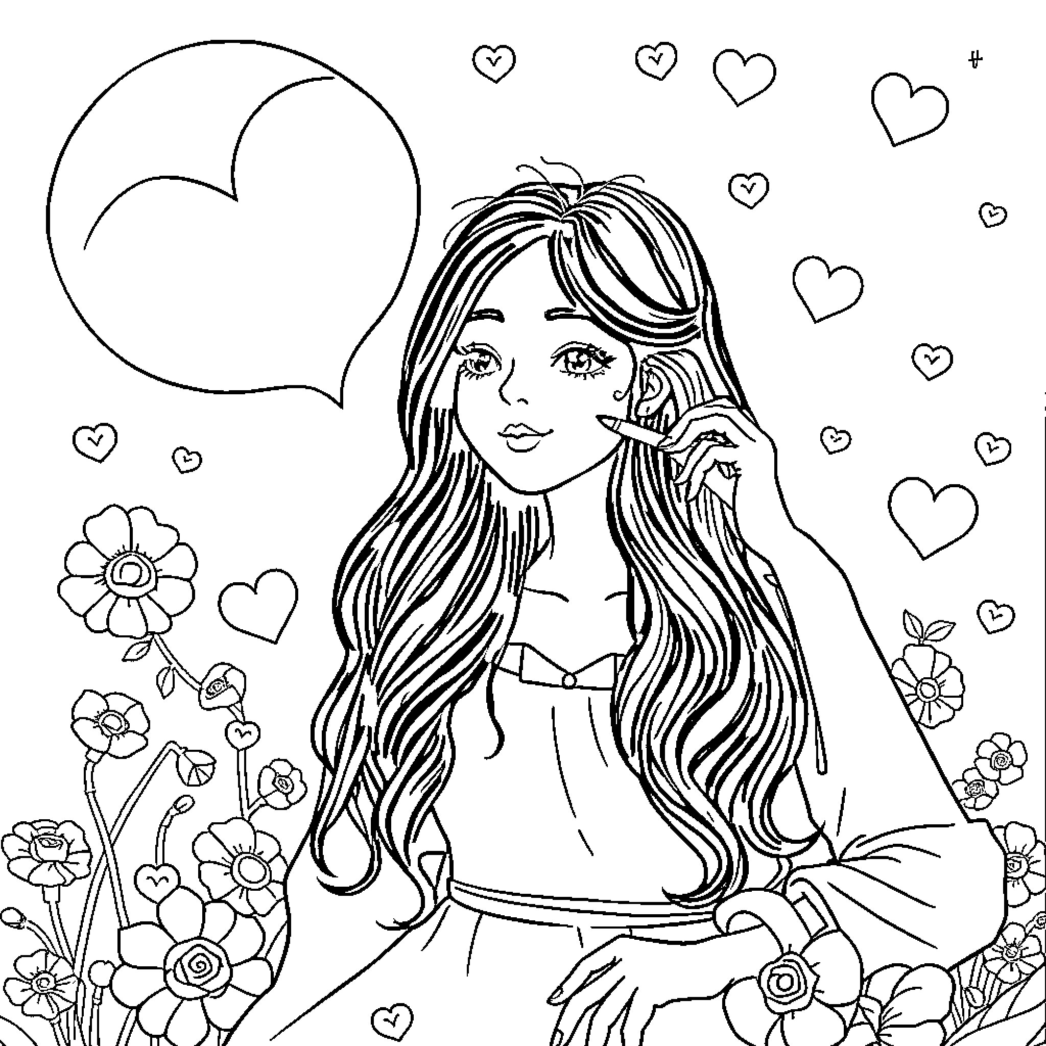 Bise: Whimsical Flower Girl in Heart-Filled Fantasy Coloring Page (free black-and-white line drawing printable PDF for all, from beginners to advanced learners, including children, teens, adults, and seniors)