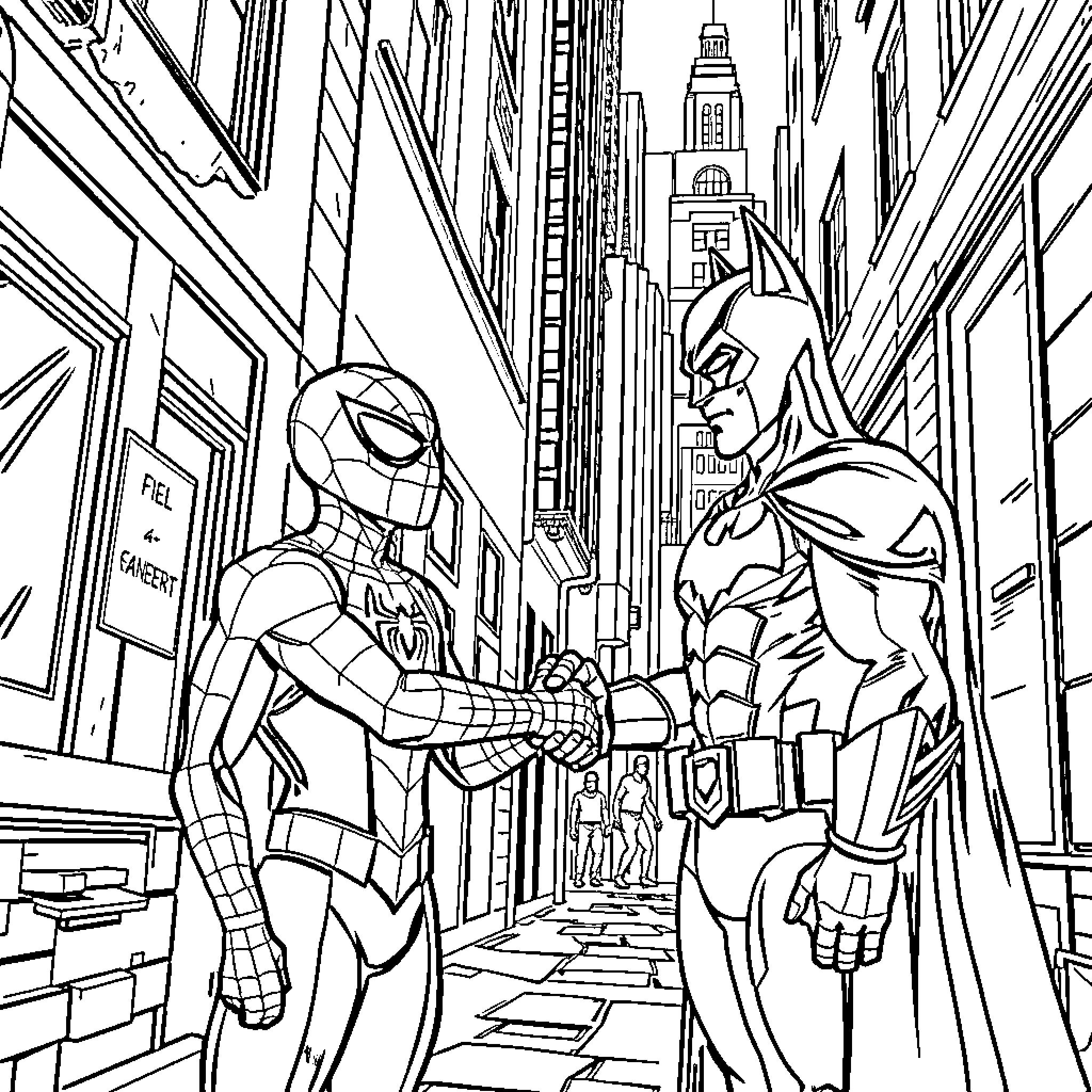 Spiderman and Batman team up in the city Coloring Page (free black-and-white line drawing printable PDF for all, from beginners to advanced learners, including children, teens, adults, and seniors)