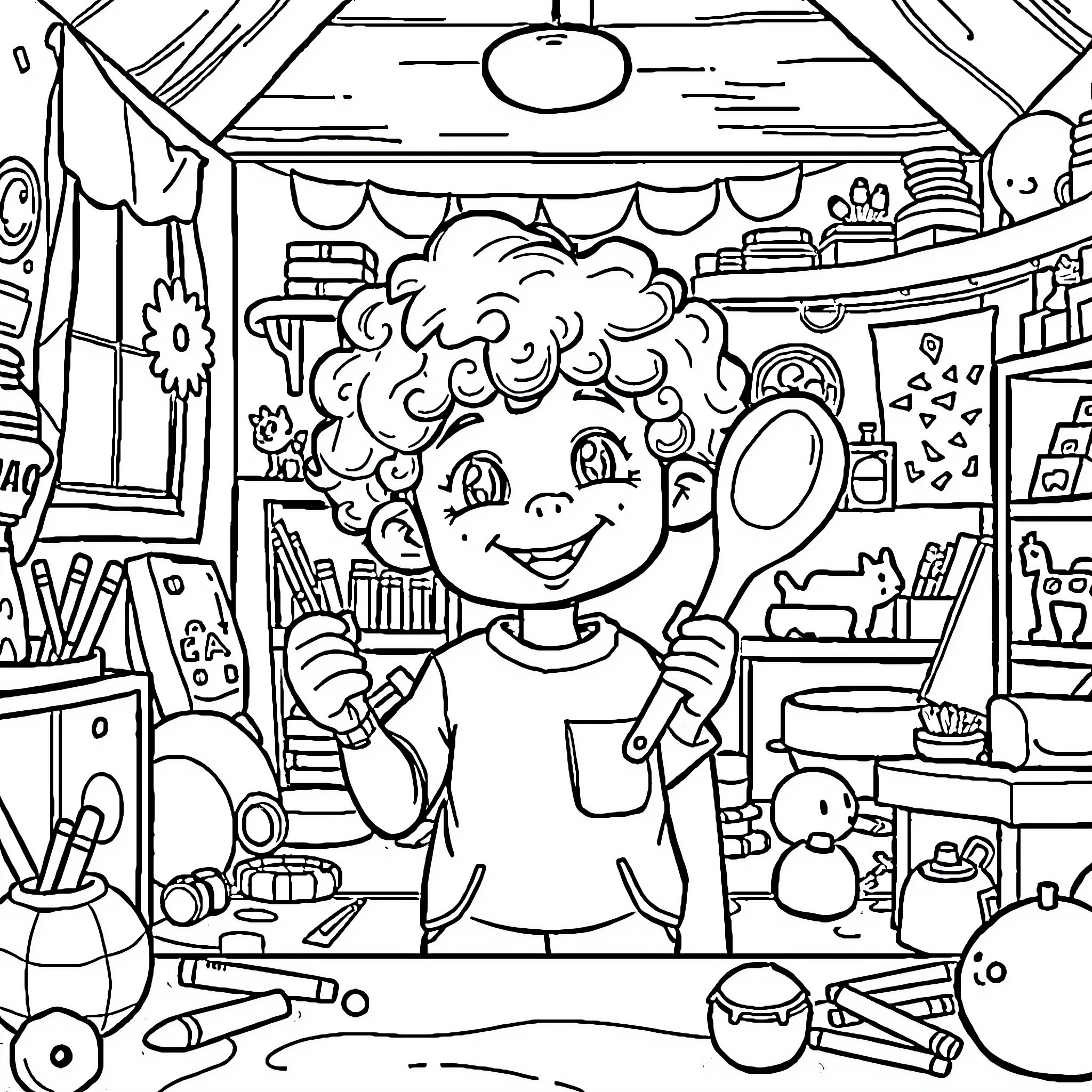 Boy creating art in his messy workshop Coloring Page (free black-and-white line drawing printable PDF for all, from beginners to advanced learners, including children, teens, adults, and seniors)
