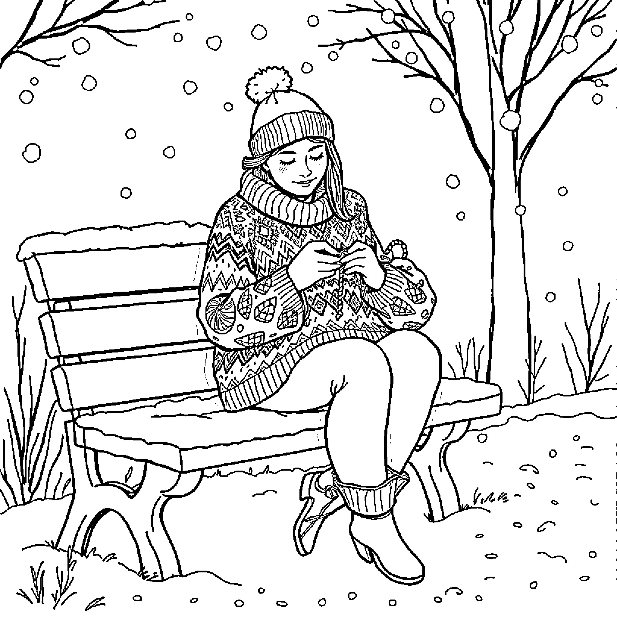 Woman enjoying winter scenery on a bench Coloring Page (free black-and-white line drawing printable PDF for all, from beginners to advanced learners, including children, teens, adults, and seniors)