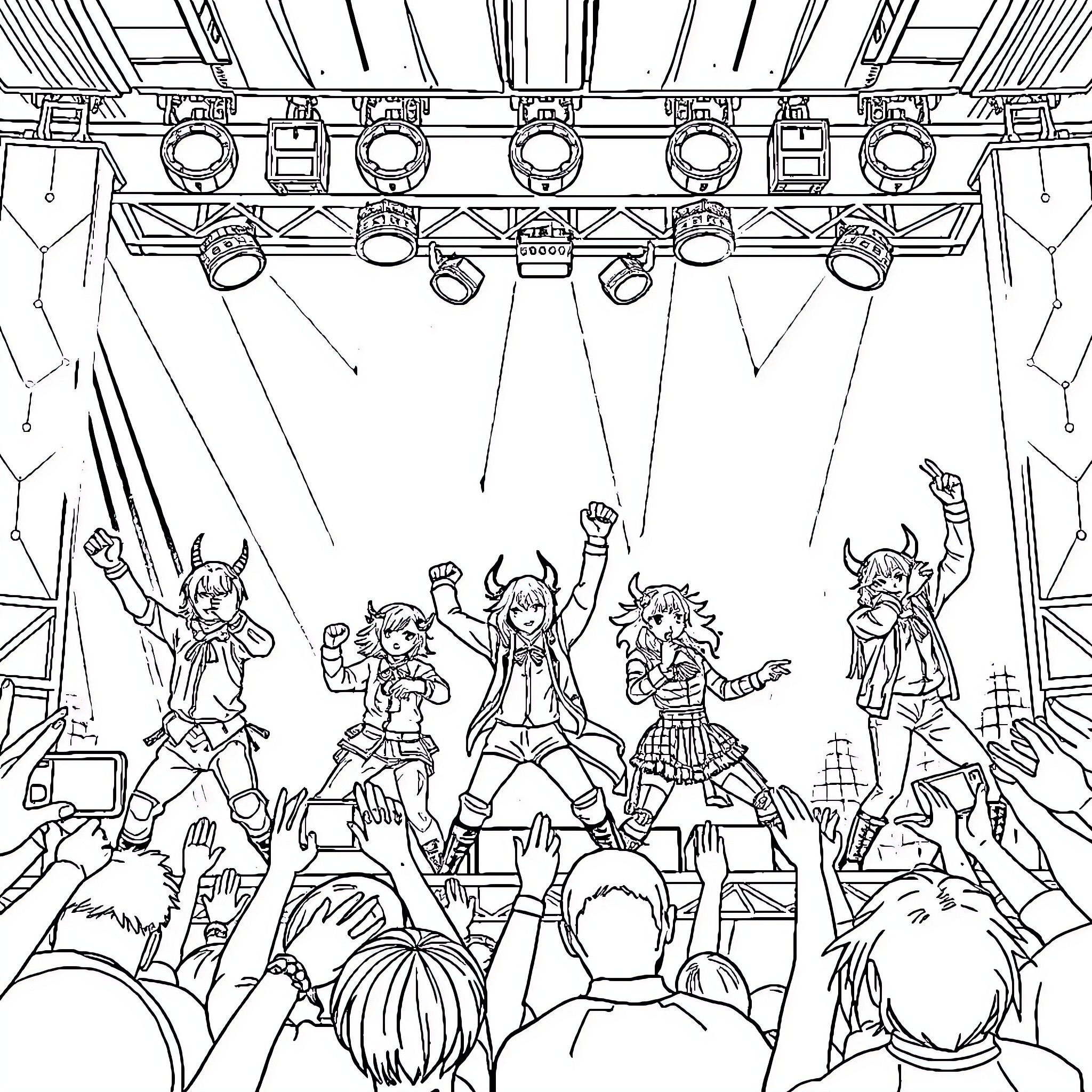 Kpop Demon Hunters performing energetic dance on stage Coloring Page (free black-and-white line drawing printable PDF for all, from beginners to advanced learners, including children, teens, adults, and seniors)
