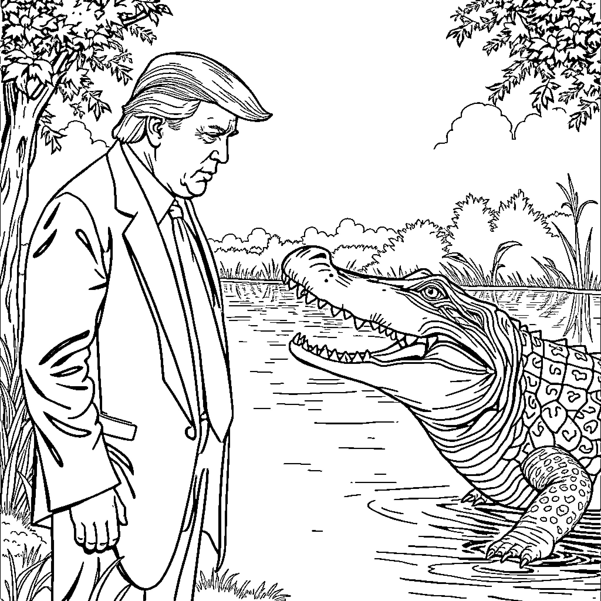 Donald Trump Confronts Alligator in Swampy Landscape Coloring Page (free black-and-white line drawing printable PDF for all, from beginners to advanced learners, including children, teens, adults, and seniors)