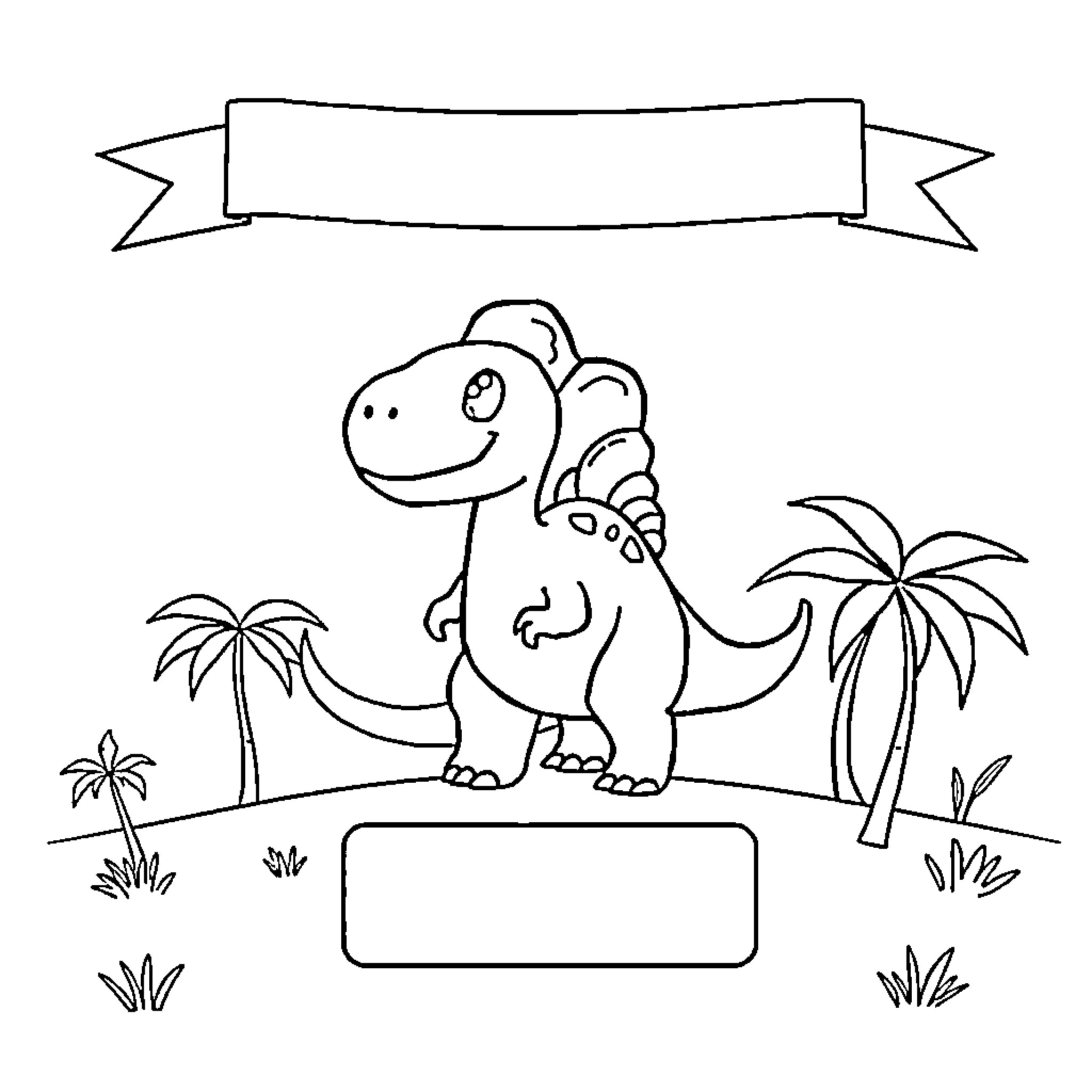 Dilophosaurus standing proudly in tropical scene Coloring Page (free black-and-white line drawing printable PDF for all, from beginners to advanced learners, including children, teens, adults, and seniors)