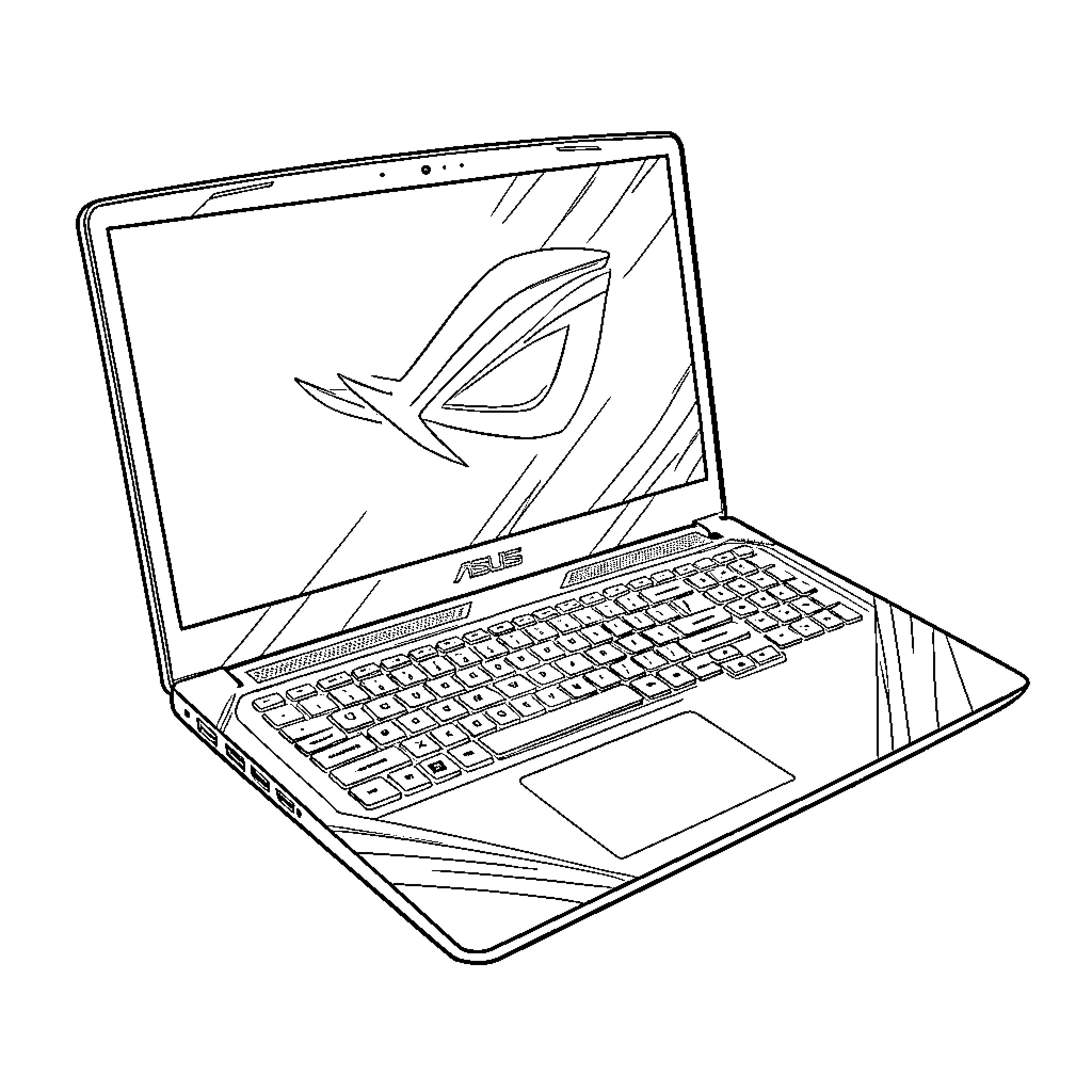 Asus ROG gaming laptop with distinctive design Coloring Page (free black-and-white line drawing printable PDF for all, from beginners to advanced learners, including children, teens, adults, and seniors)