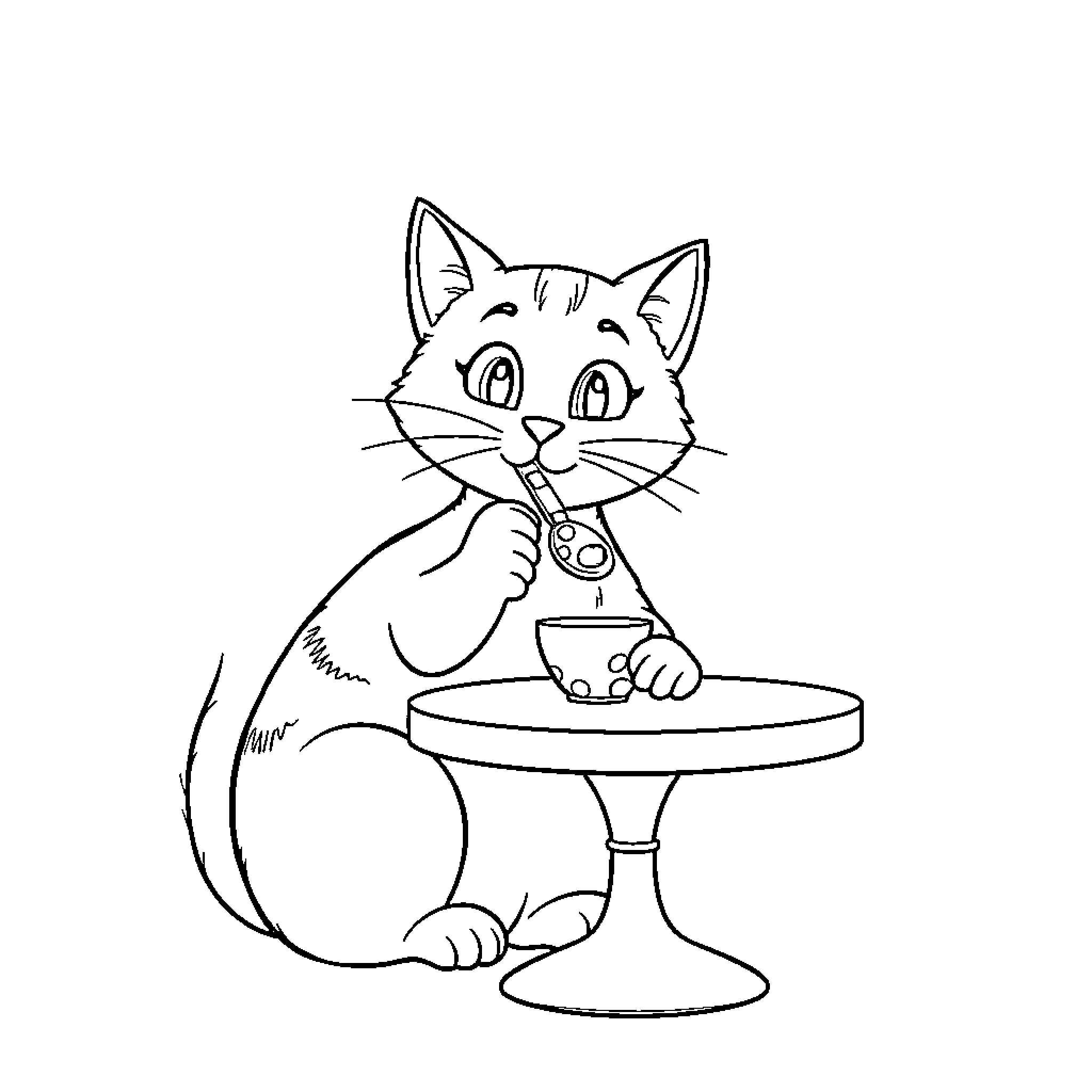 Cat enjoying a dessert at a cafe Coloring Page (free black-and-white line drawing printable PDF for all, from beginners to advanced learners, including children, teens, adults, and seniors)