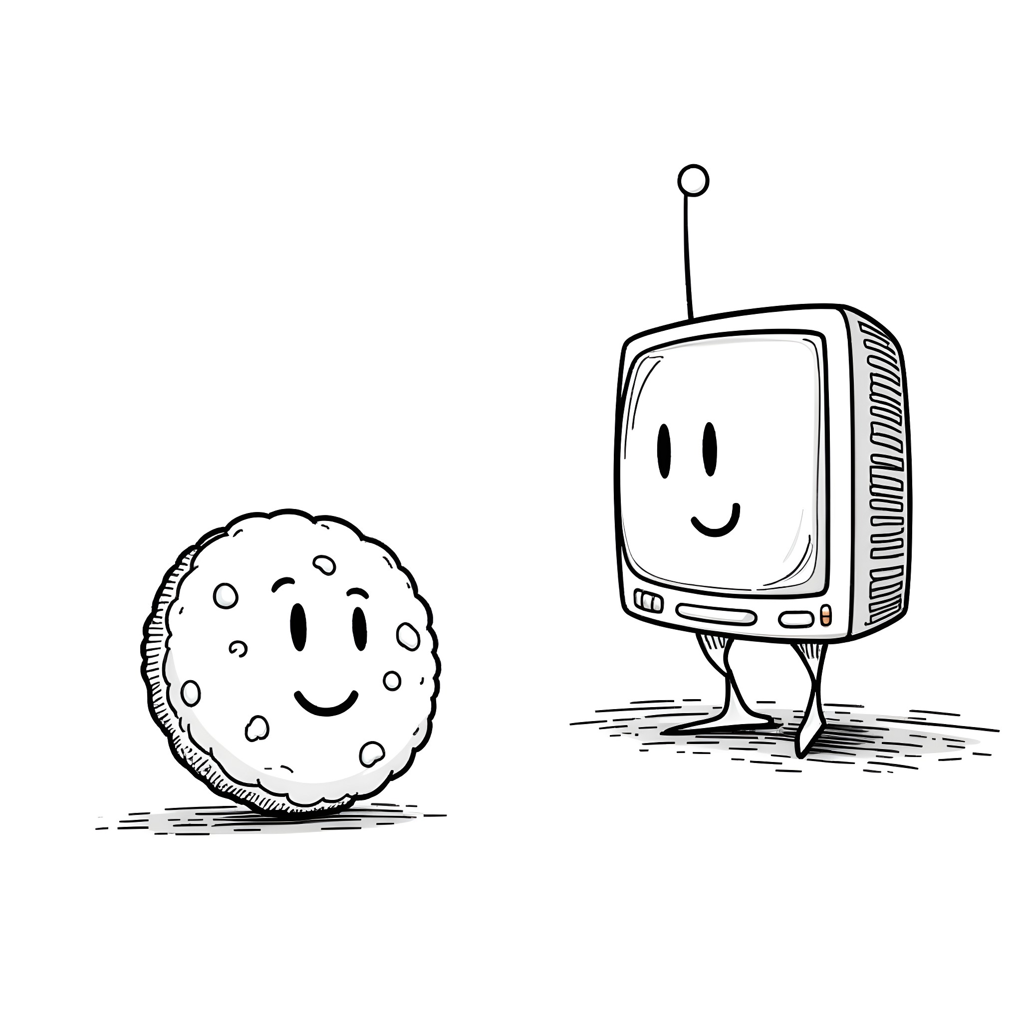 Cookie Meeting Friendly TV Set Coloring Page (free black-and-white line drawing printable PDF for all, from beginners to advanced learners, including children, teens, adults, and seniors)