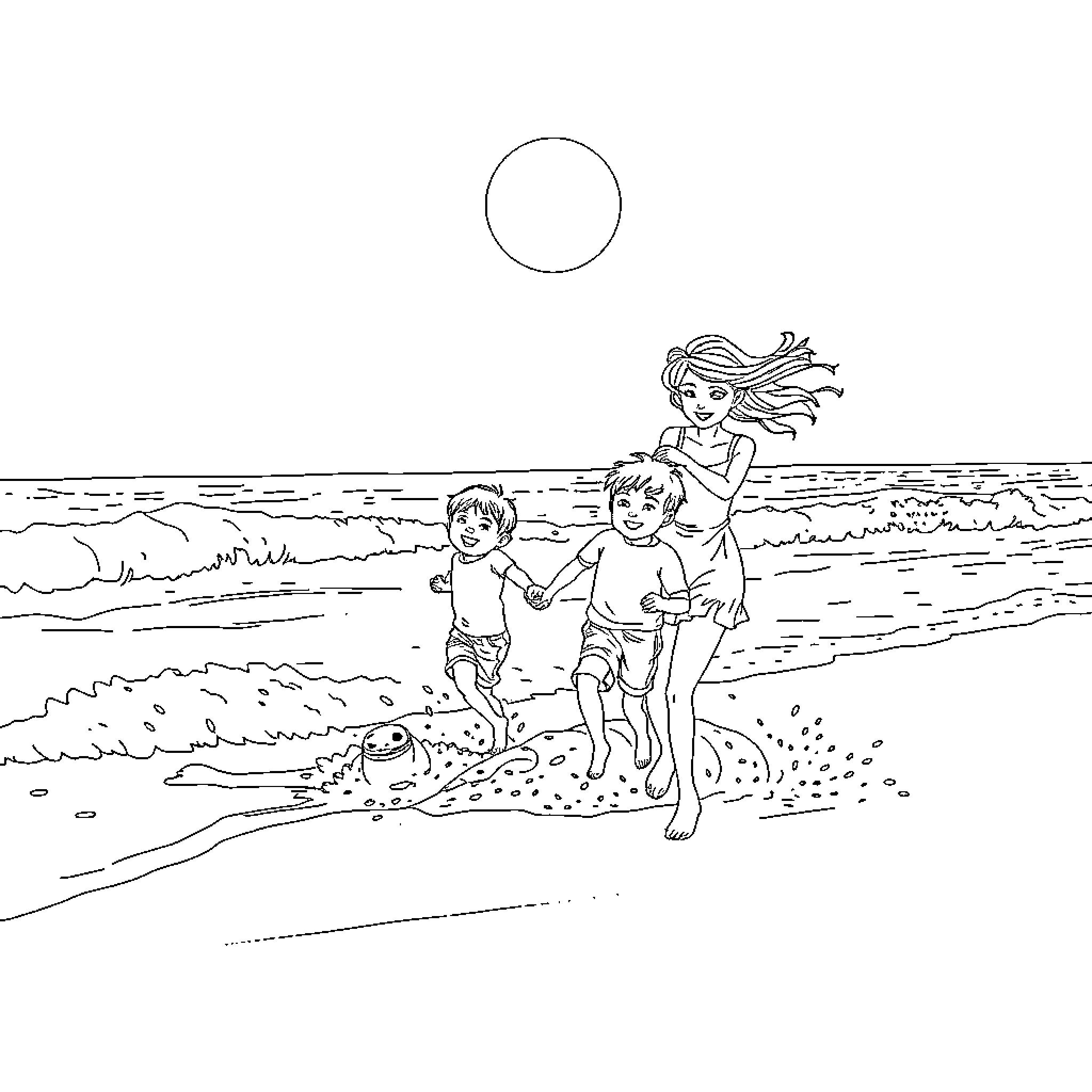 Parents and children playing on the beach Coloring Page (free black-and-white line drawing printable PDF for all, from beginners to advanced learners, including children, teens, adults, and seniors)
