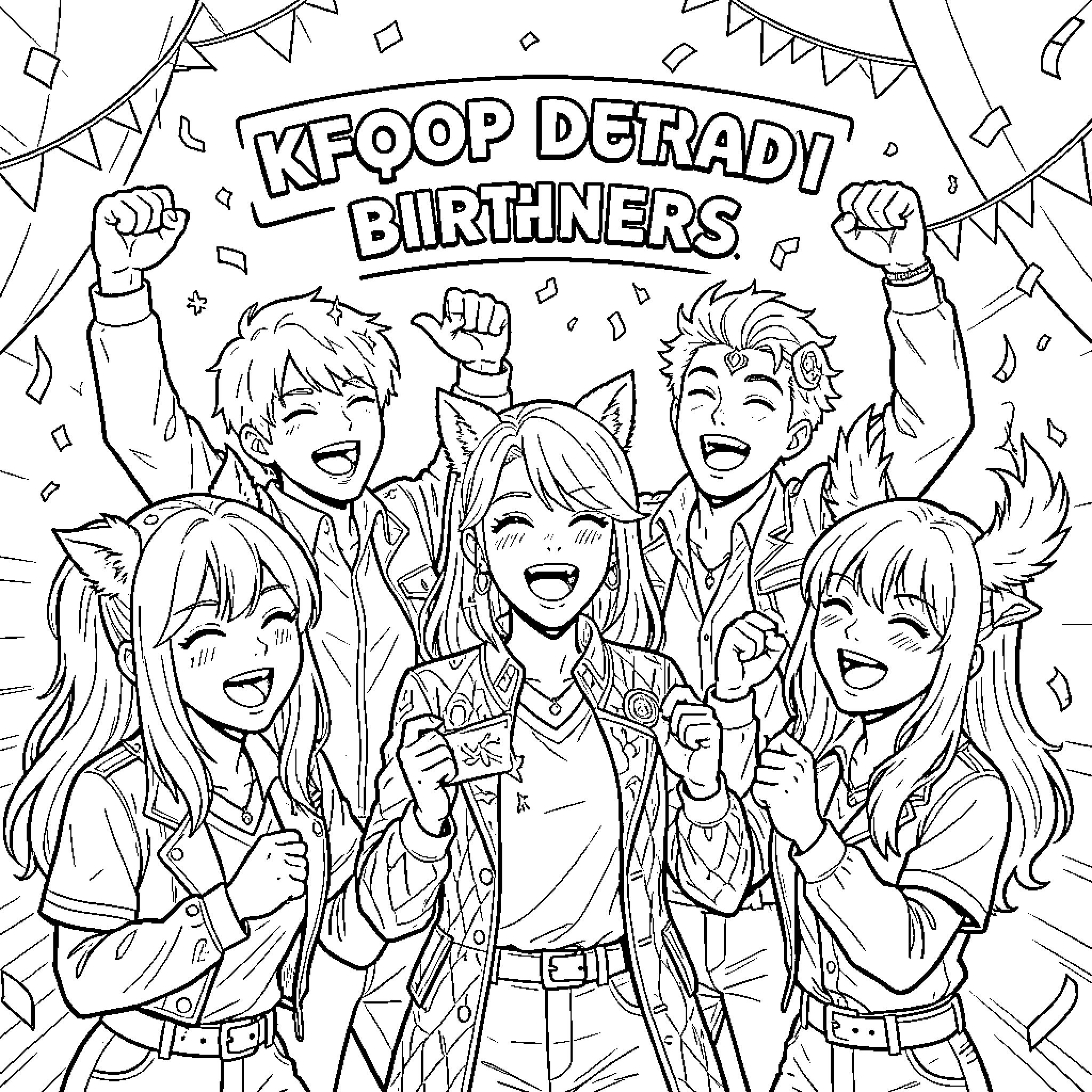 Kpop Demon Hunter group celebrating joyfully with raised arms Coloring Page (free black-and-white line drawing printable PDF for all, from beginners to advanced learners, including children, teens, adults, and seniors)