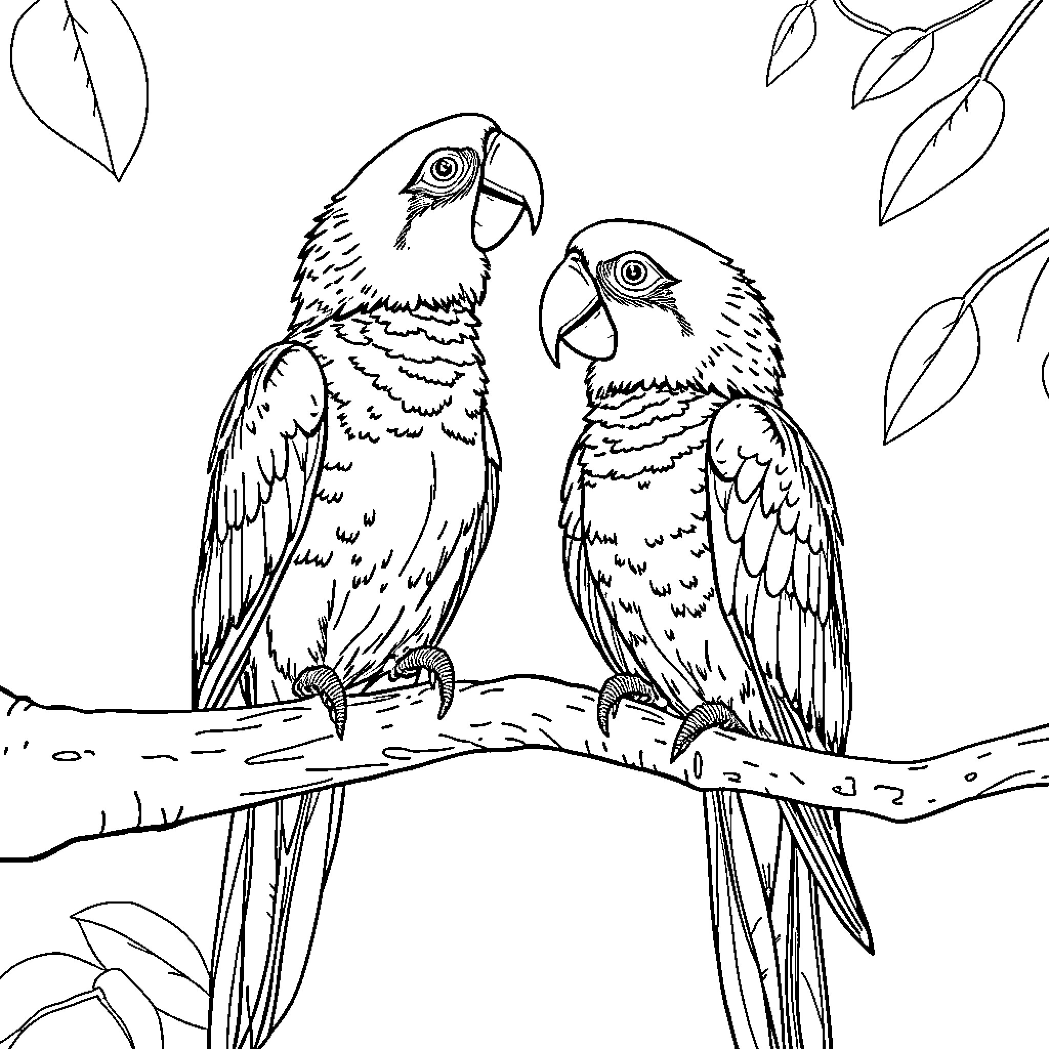 Parrot Pair Perched on Branch Coloring Page (free black-and-white line drawing printable PDF for all, from beginners to advanced learners, including children, teens, adults, and seniors)