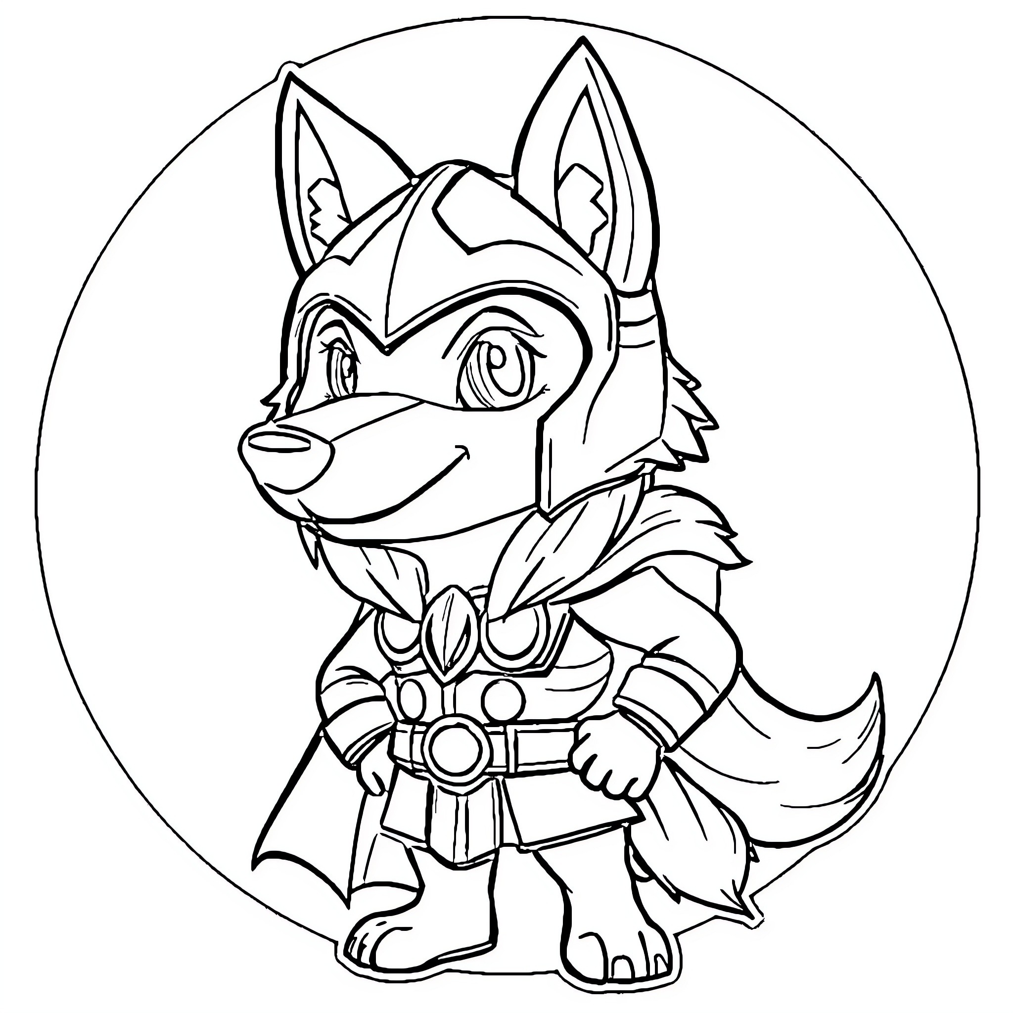 Wolf wearing armored outfit in circle Coloring Page (free black-and-white line drawing printable PDF for all, from beginners to advanced learners, including children, teens, adults, and seniors)