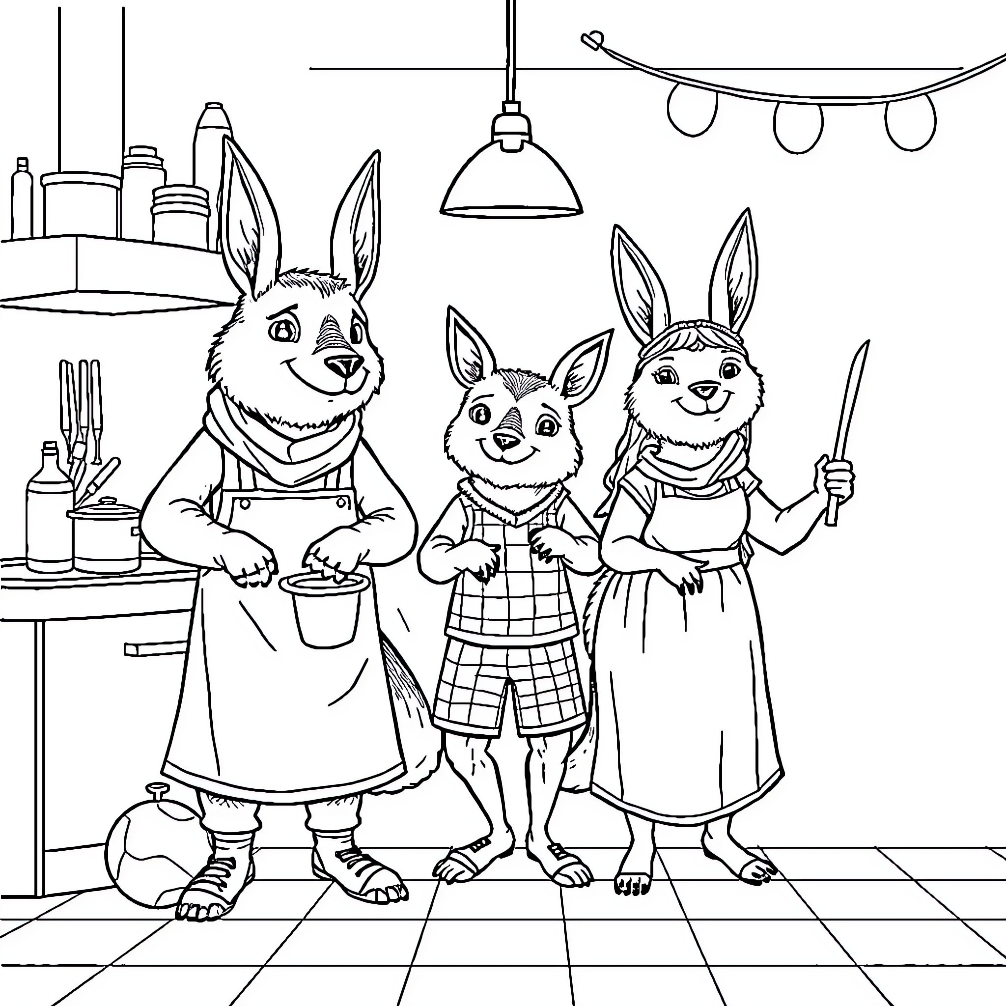Animal Bunnies Cooking and Preparing a Meal Together Coloring Page (free black-and-white line drawing printable PDF for all, from beginners to advanced learners, including children, teens, adults, and seniors)