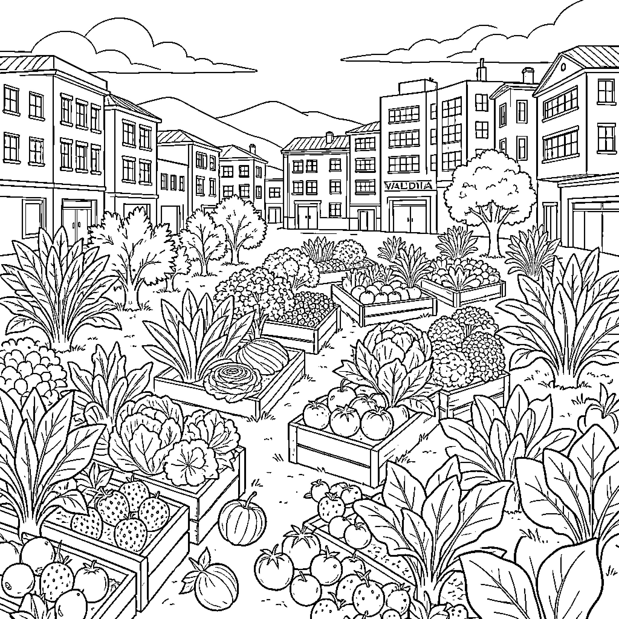 Huerta: Vibrant Urban Garden Oasis Coloring Page (free black-and-white line drawing printable PDF for all, from beginners to advanced learners, including children, teens, adults, and seniors)