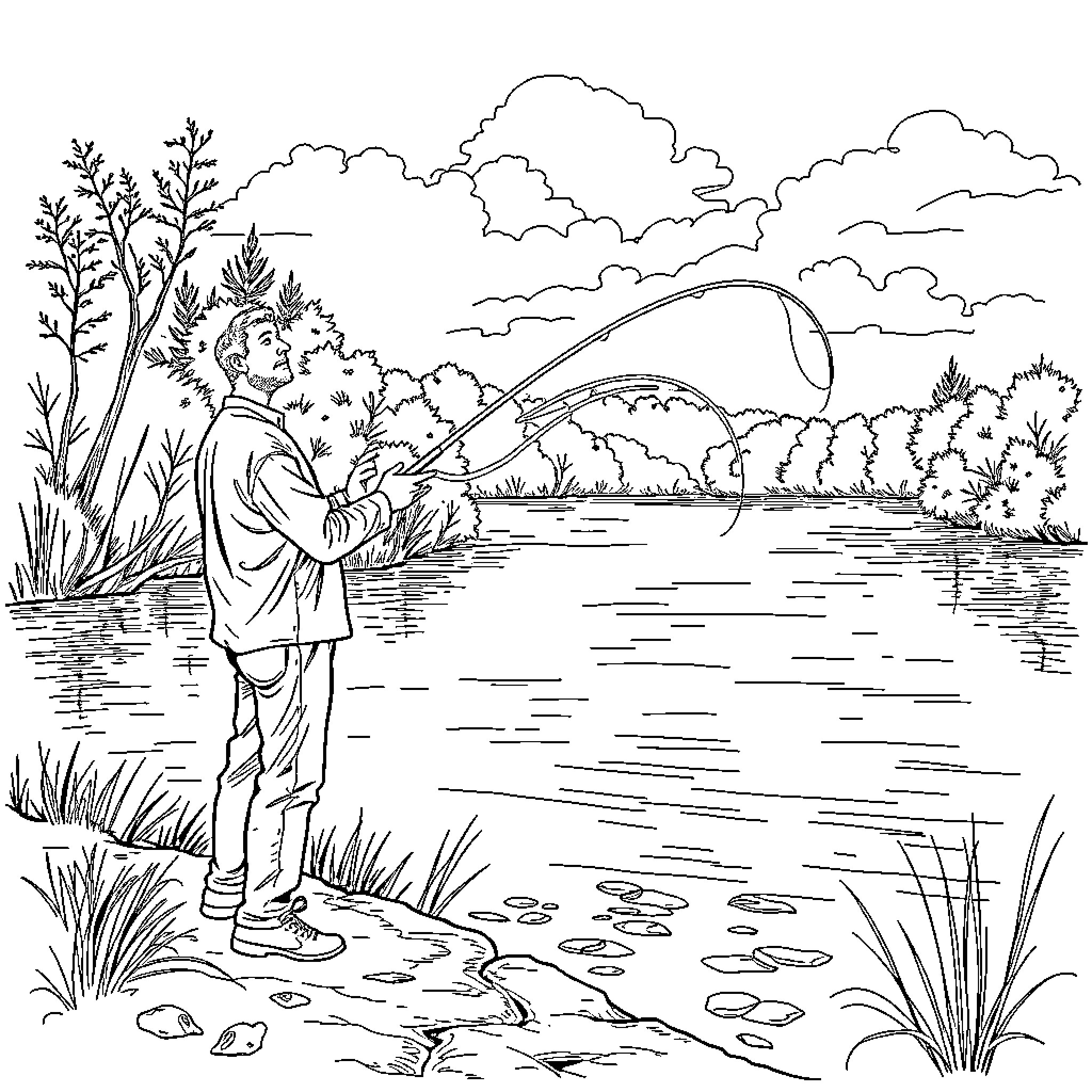 Chris Abbott fishing happily by the scenic lake Coloring Page (free black-and-white line drawing printable PDF for all, from beginners to advanced learners, including children, teens, adults, and seniors)