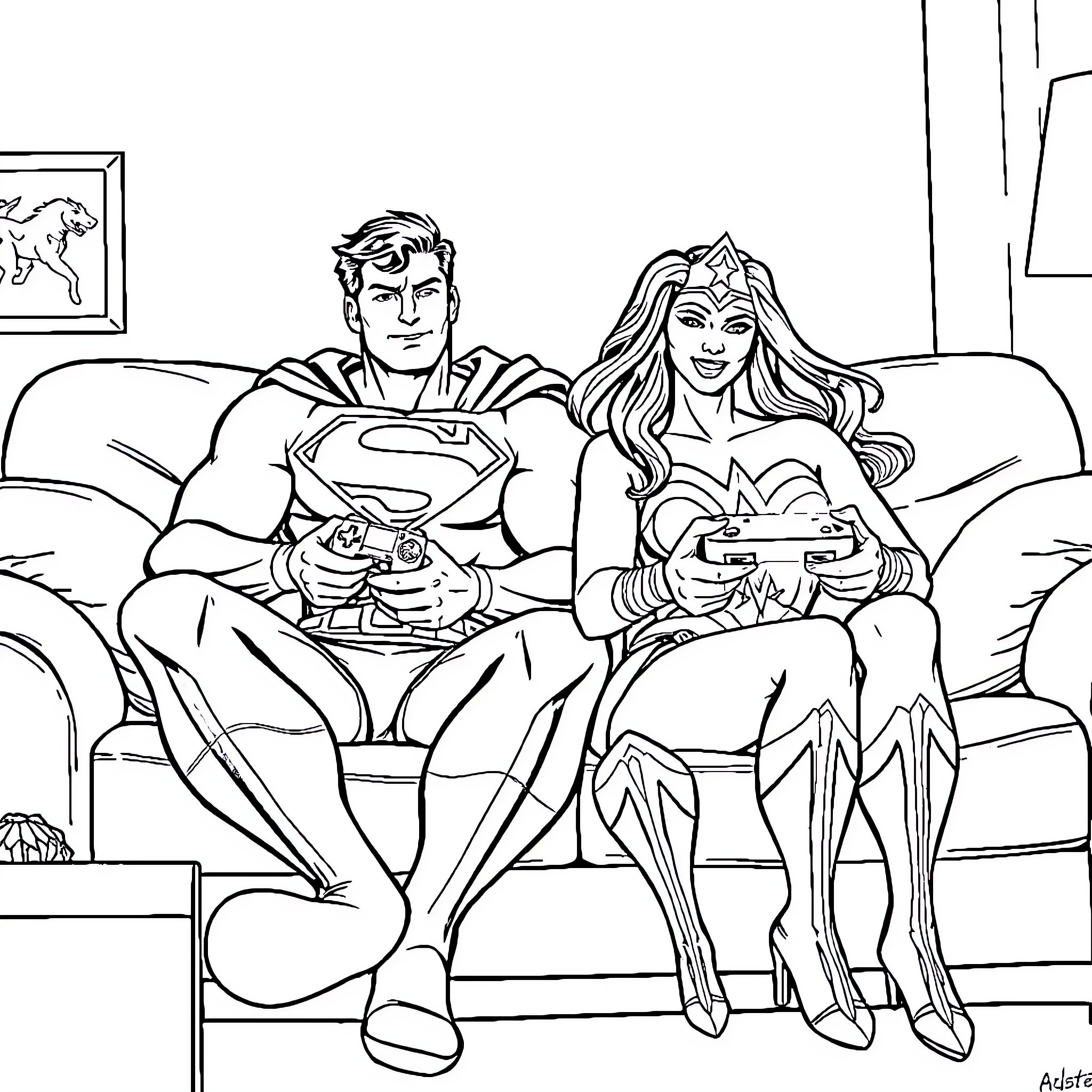 Superman and Wonder Woman playing video games together Coloring Page (free black-and-white line drawing printable PDF for all, from beginners to advanced learners, including children, teens, adults, and seniors)