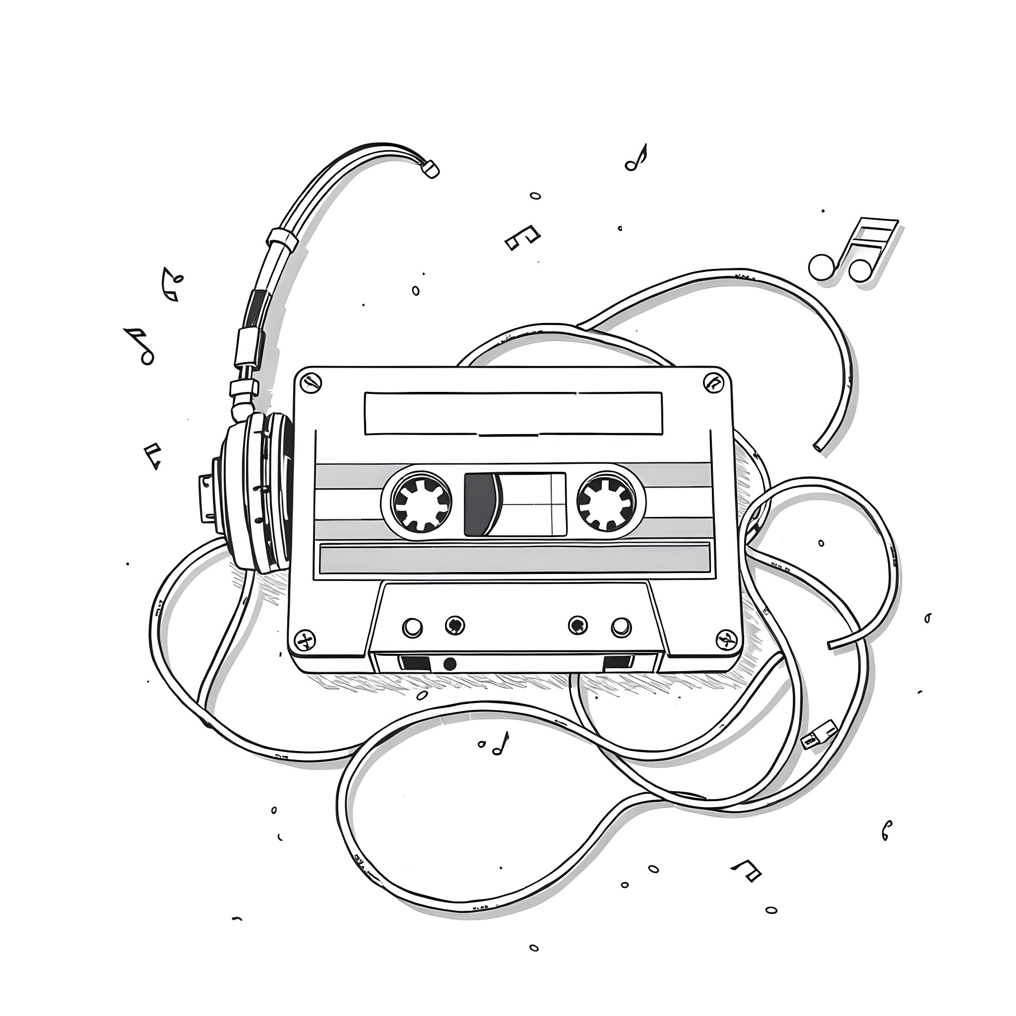 Cassette Tape with Music Notes and Headphones Coloring Page (free black-and-white line drawing printable PDF for all, from beginners to advanced learners, including children, teens, adults, and seniors)