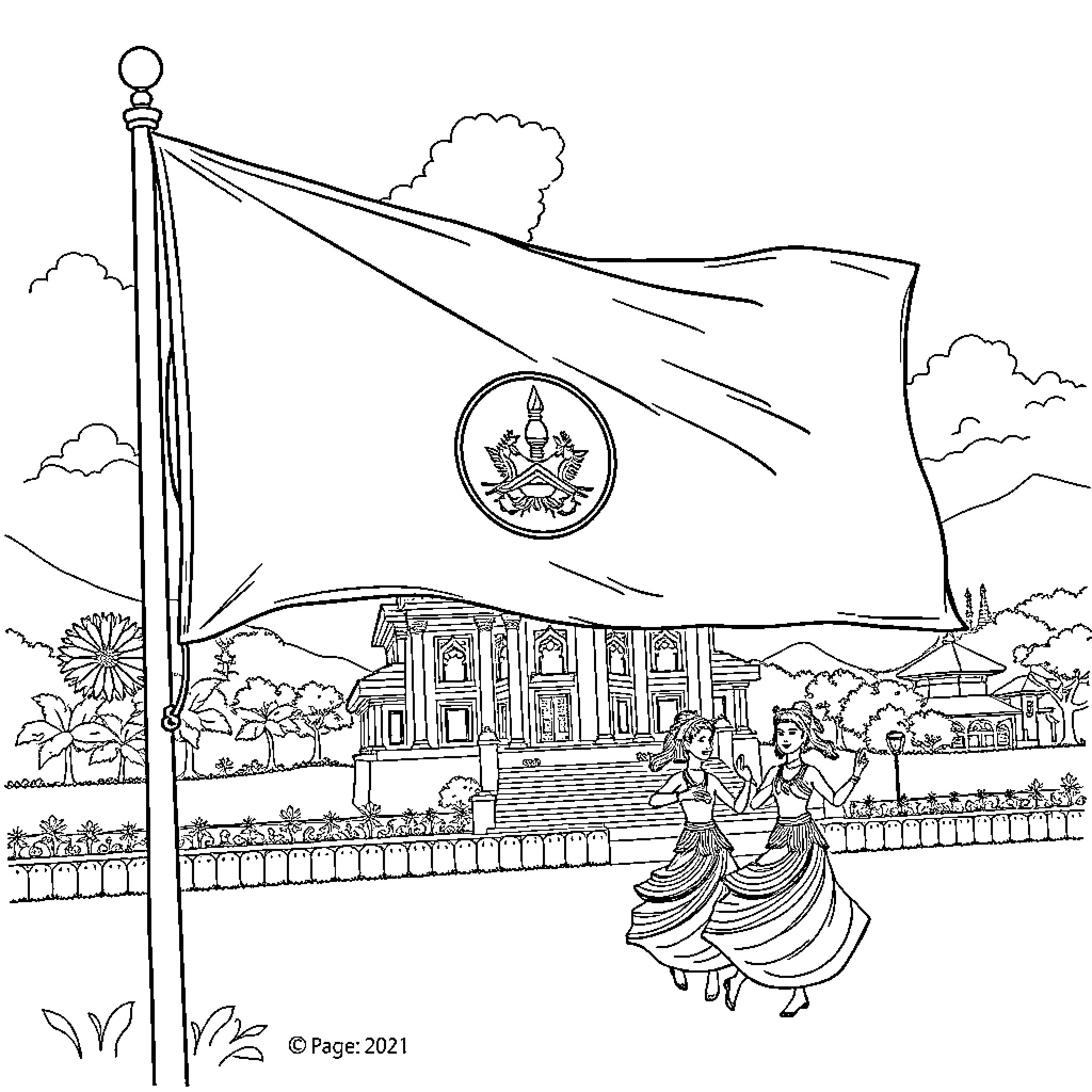 Lao Flag waving amidst traditional cultural scene Coloring Page (free black-and-white line drawing printable PDF for all, from beginners to advanced learners, including children, teens, adults, and seniors)