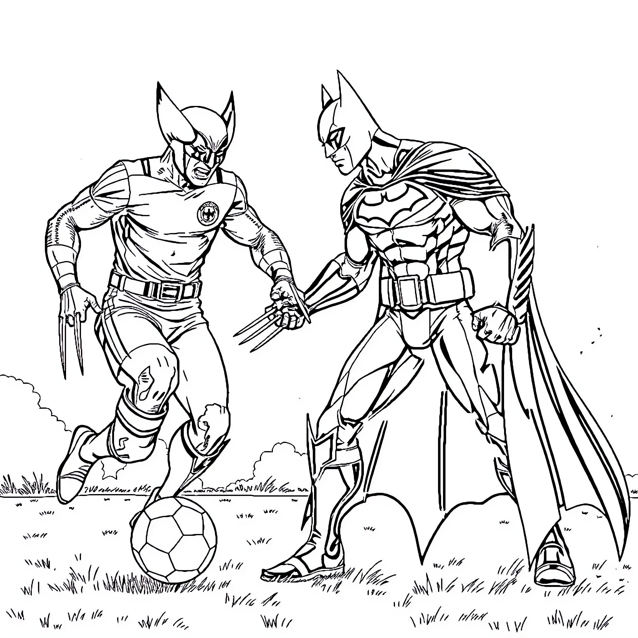 Wolverine and Batman in an intense sports match Coloring Page (free black-and-white line drawing printable PDF for all, from beginners to advanced learners, including children, teens, adults, and seniors)