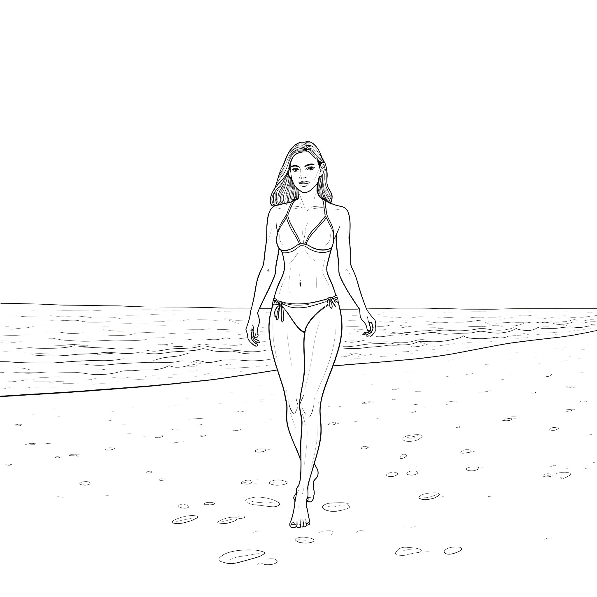 Woman walking in the ocean Coloring Page (free black-and-white line drawing printable PDF for all, from beginners to advanced learners, including children, teens, adults, and seniors)