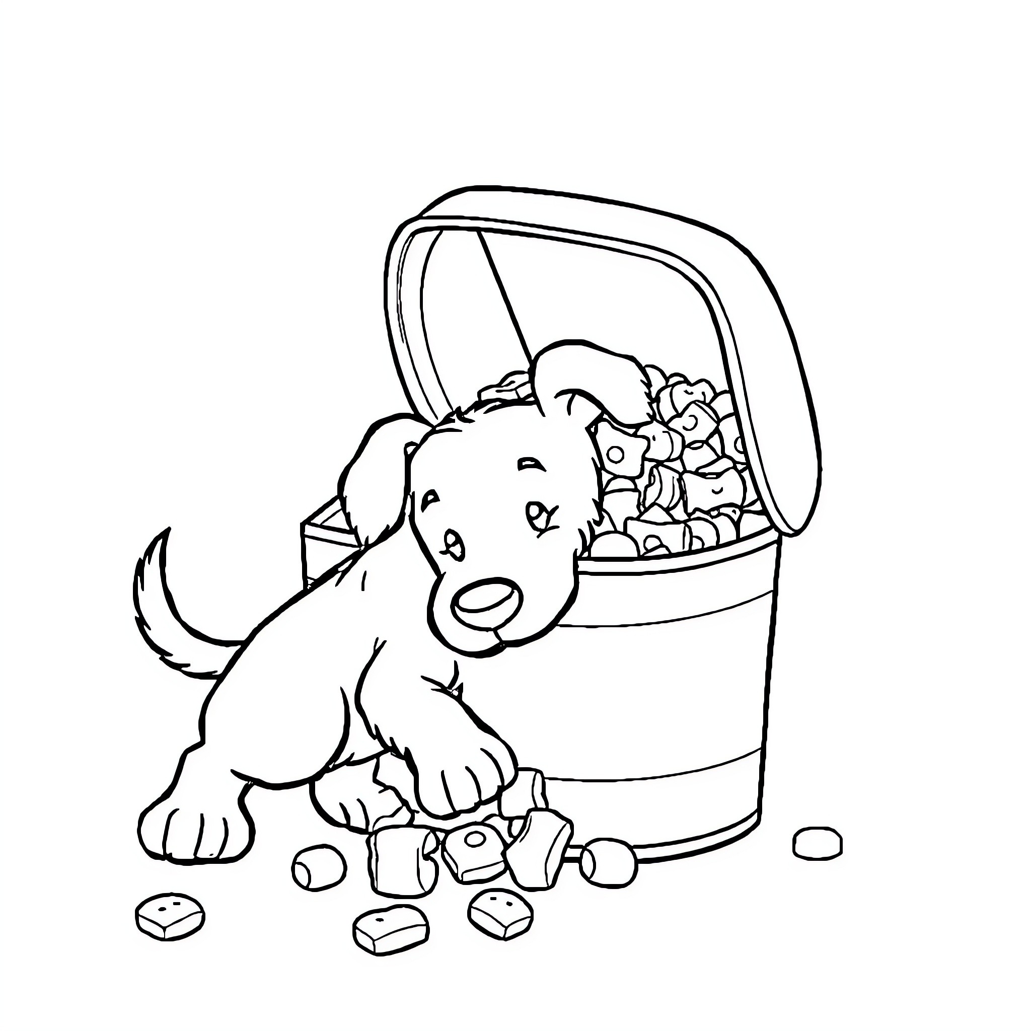 Dog exploring treats in a toy box Coloring Page (free black-and-white line drawing printable PDF for all, from beginners to advanced learners, including children, teens, adults, and seniors)