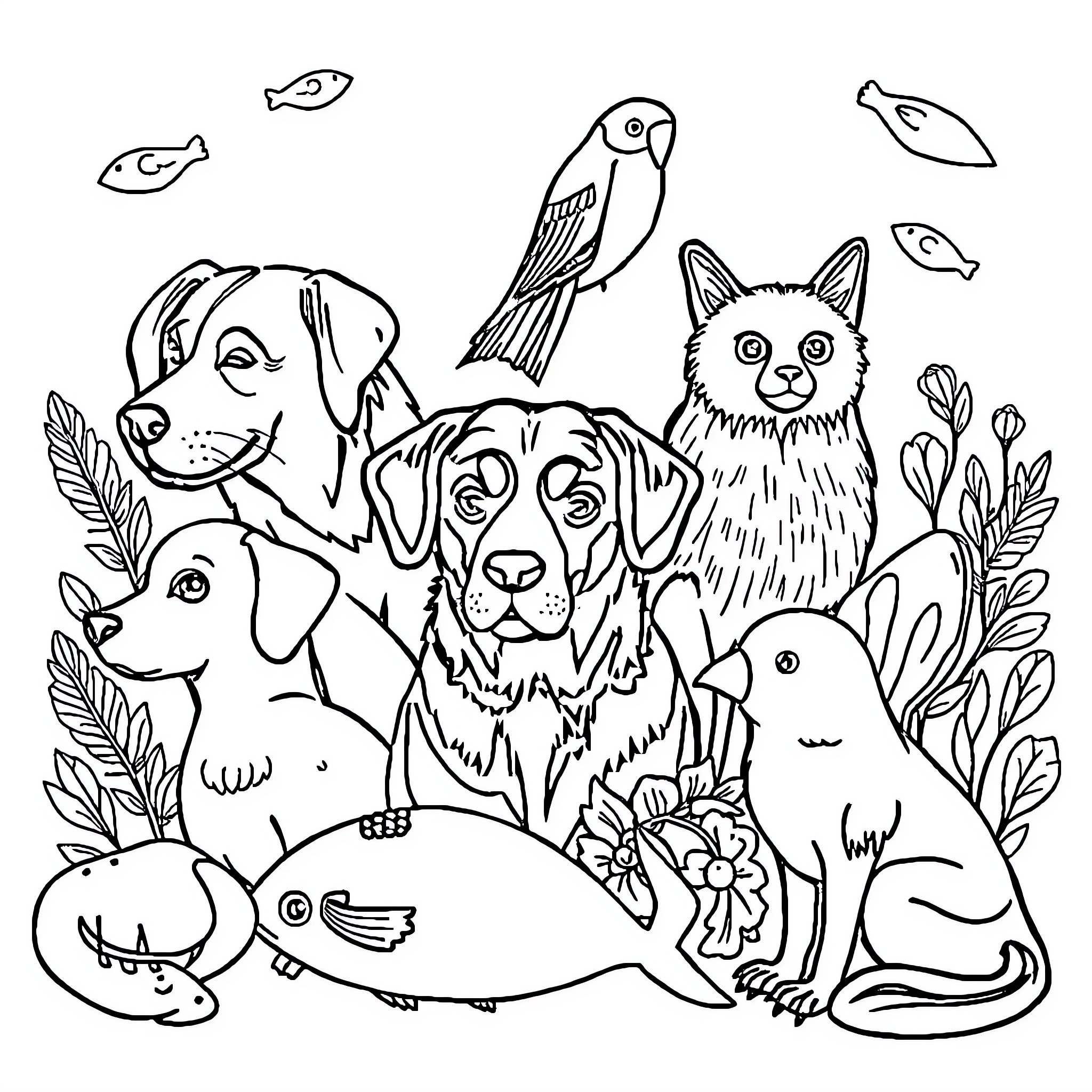 Animal friends enjoying nature together Coloring Page (free black-and-white line drawing printable PDF for all, from beginners to advanced learners, including children, teens, adults, and seniors)