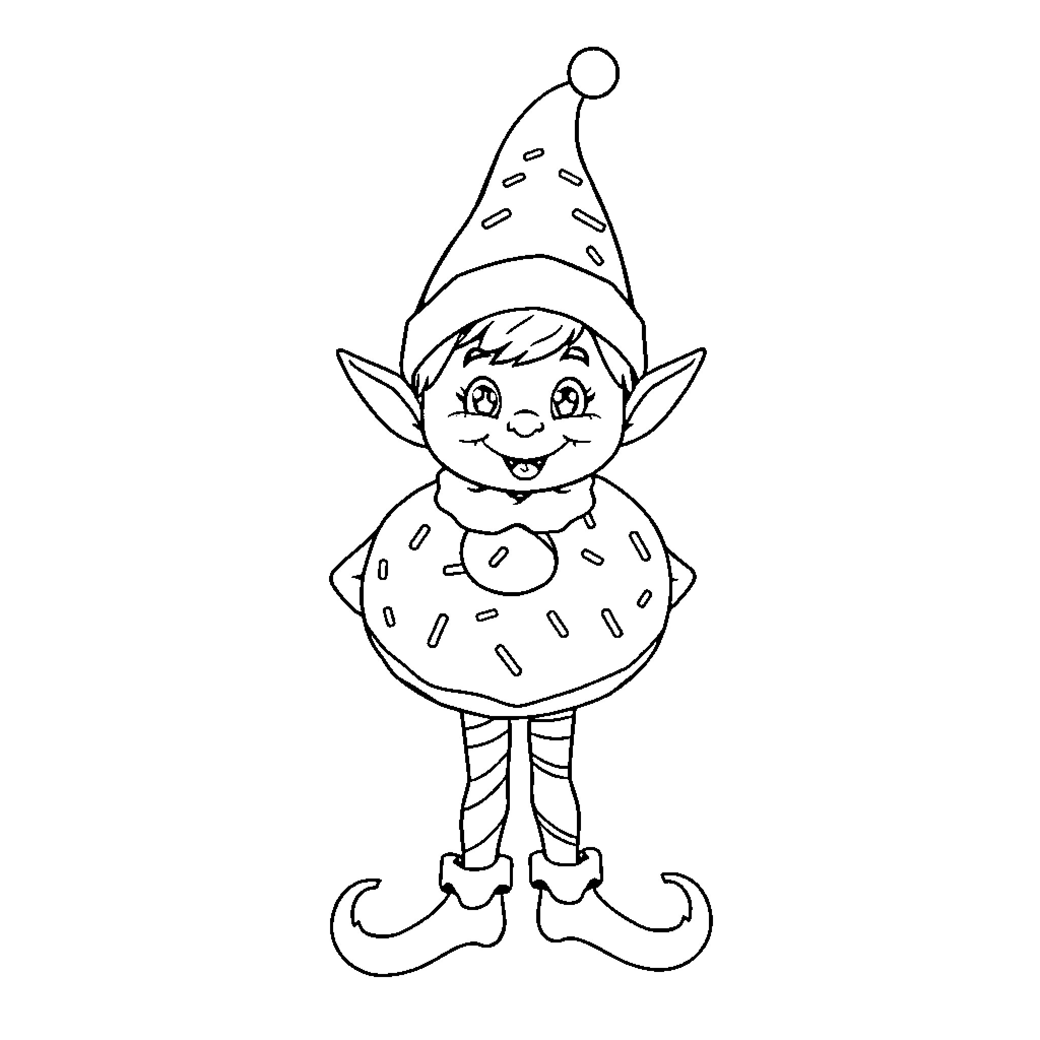 Elf character in playful attire Coloring Page (free black-and-white line drawing printable PDF for all, from beginners to advanced learners, including children, teens, adults, and seniors)