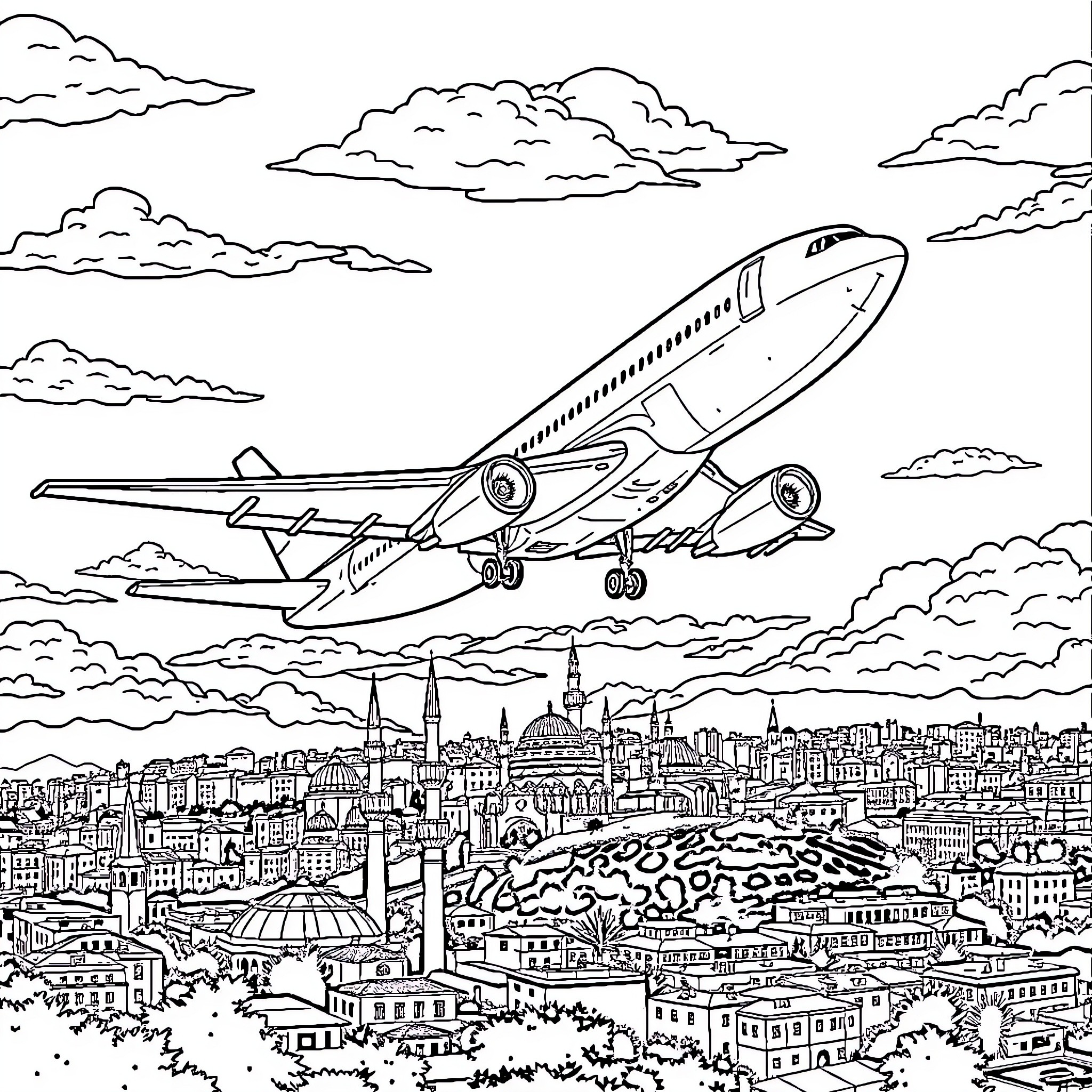 Air Cargo Plane Soaring Over Busy City Skyline Coloring Page (free black-and-white line drawing printable PDF for all, from beginners to advanced learners, including children, teens, adults, and seniors)