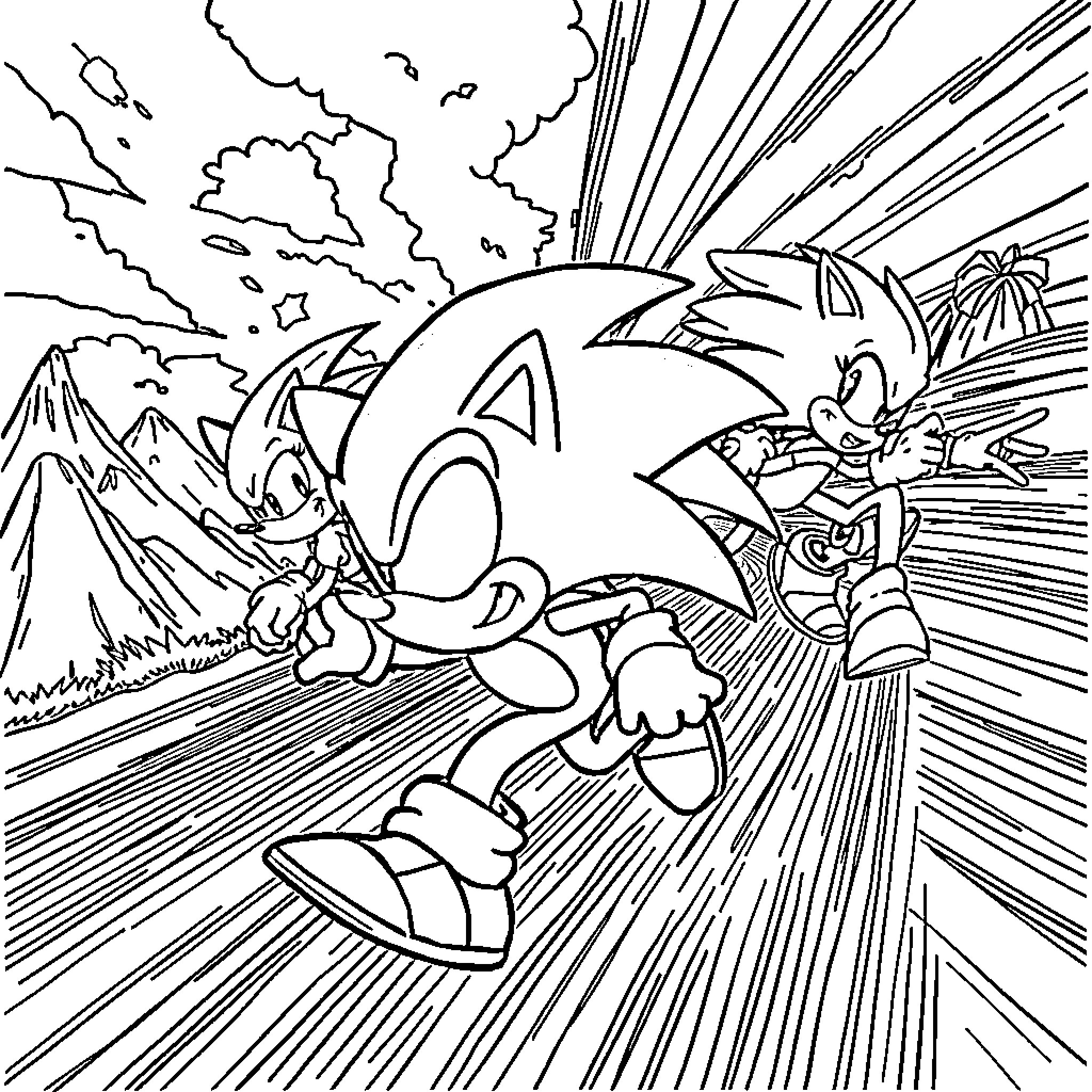 Sonic speeding through the mountains and forests Coloring Page (free black-and-white line drawing printable PDF for all, from beginners to advanced learners, including children, teens, adults, and seniors)