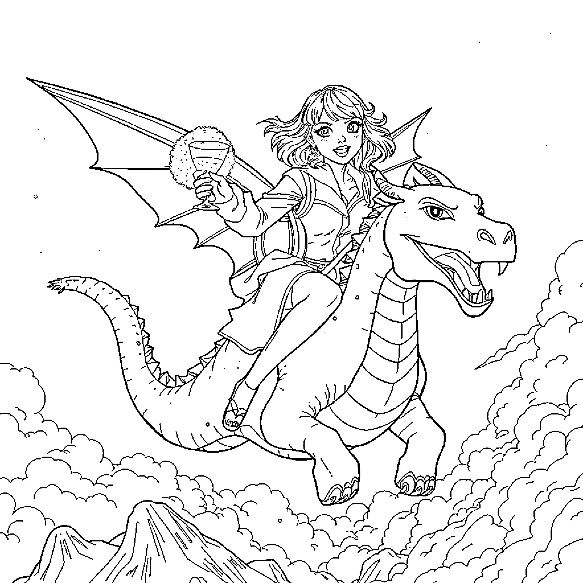 Taylor Swift riding a fearsome dragon in the sky Coloring Page (free black-and-white line drawing printable PDF for all, from beginners to advanced learners, including children, teens, adults, and seniors)