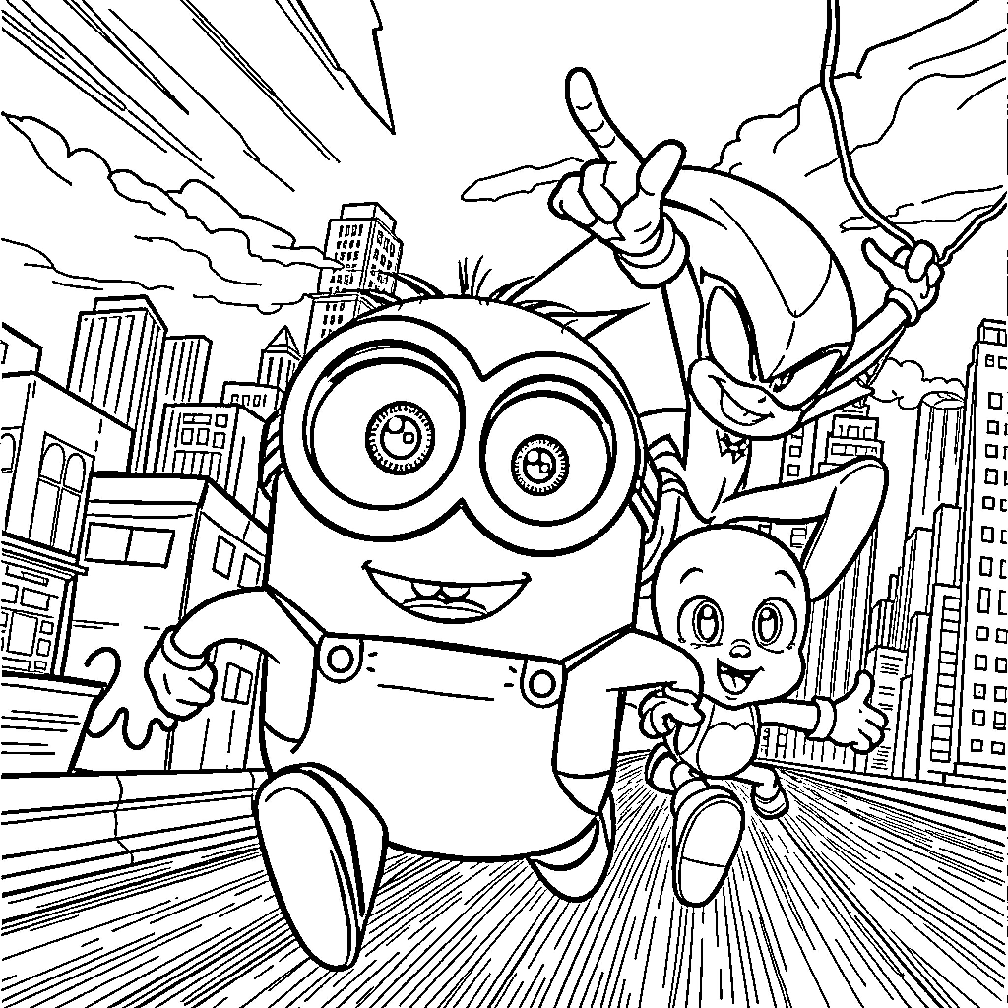 Minions Exploring the City with Excitement Coloring Page (free black-and-white line drawing printable PDF for all, from beginners to advanced learners, including children, teens, adults, and seniors)