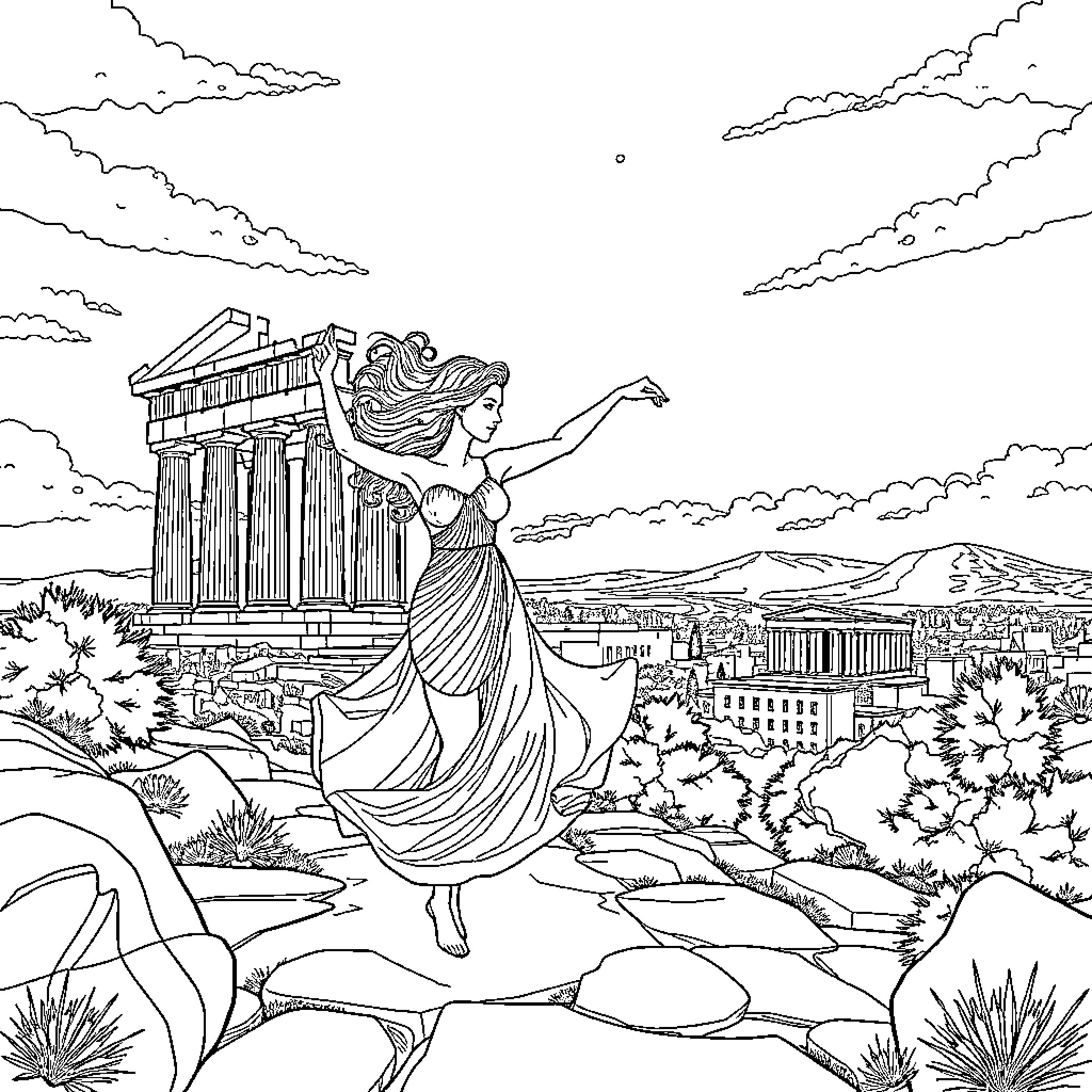 Blackpink Celebrating in Ancient Greek-Inspired Landscape Coloring Page (free black-and-white line drawing printable PDF for all, from beginners to advanced learners, including children, teens, adults, and seniors)