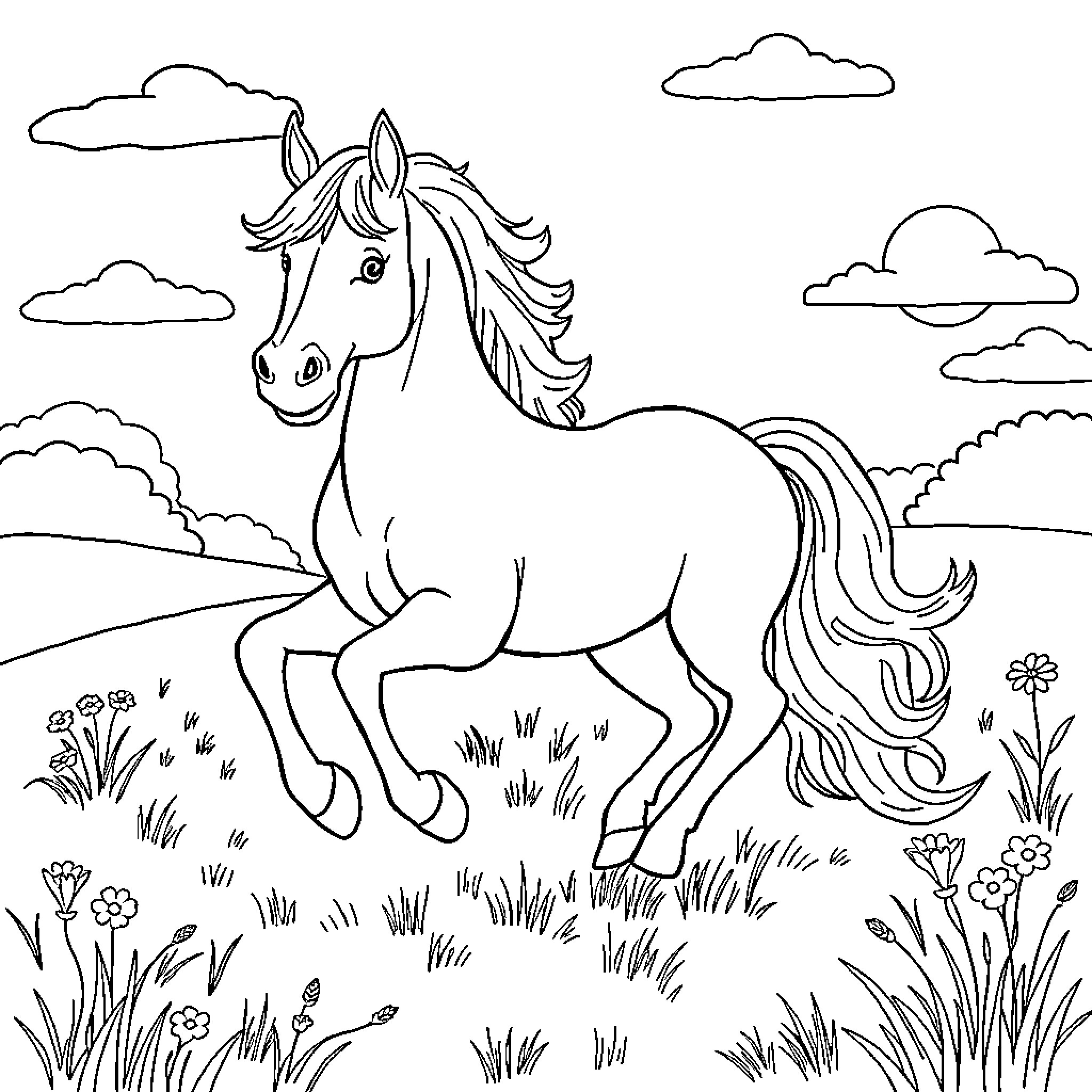 Horse galloping through a meadow with flowers Coloring Page (free black-and-white line drawing printable PDF for all, from beginners to advanced learners, including children, teens, adults, and seniors)