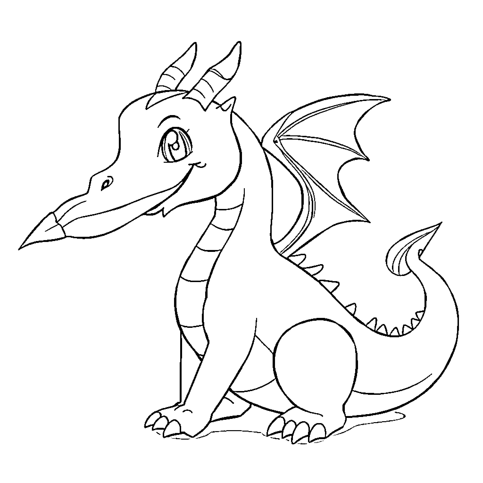 Dragon smiling and showing off its features Coloring Page (free black-and-white line drawing printable PDF for all, from beginners to advanced learners, including children, teens, adults, and seniors)