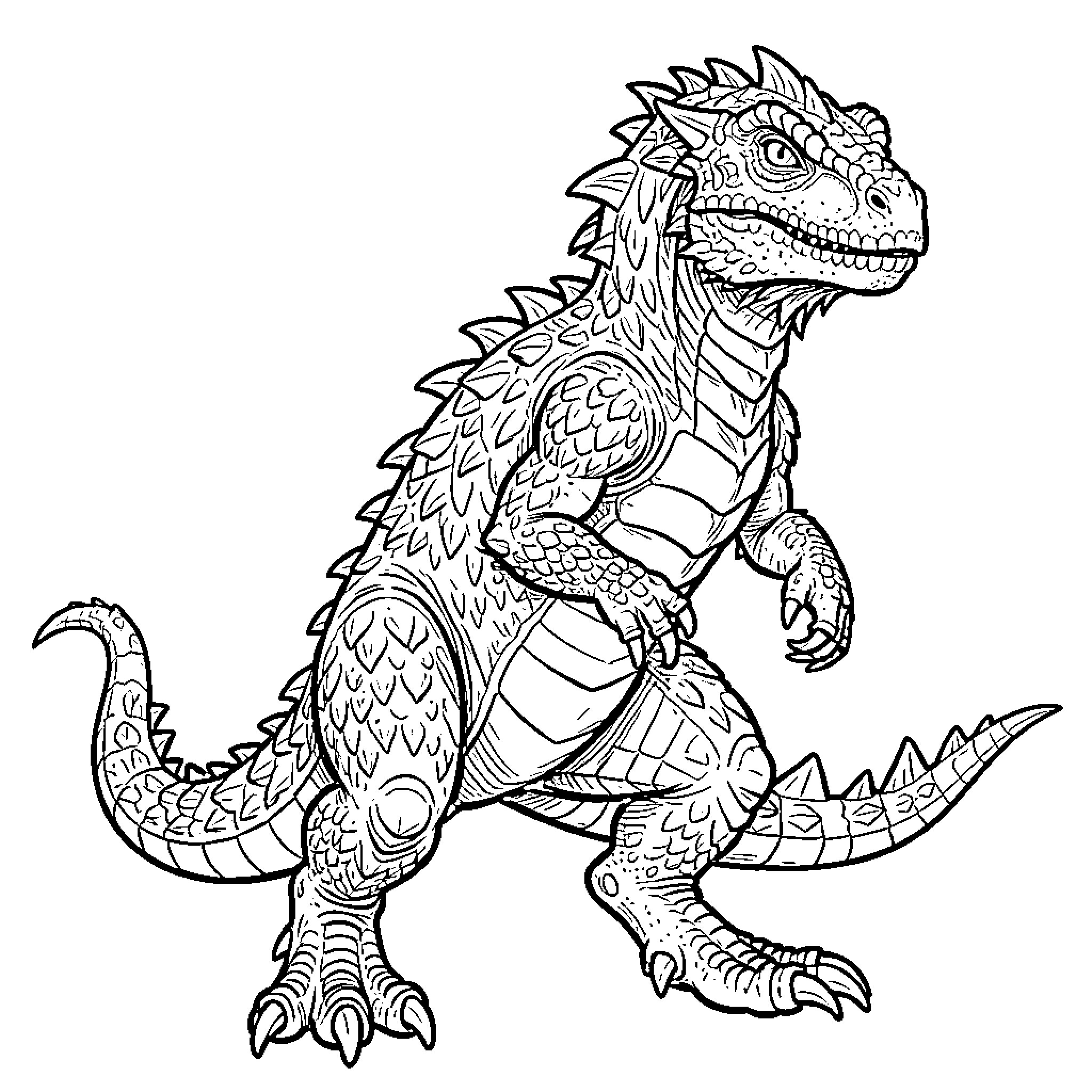 Saurus Dinosaur Outlined in Detailed Illustration Coloring Page (free black-and-white line drawing printable PDF for all, from beginners to advanced learners, including children, teens, adults, and seniors)