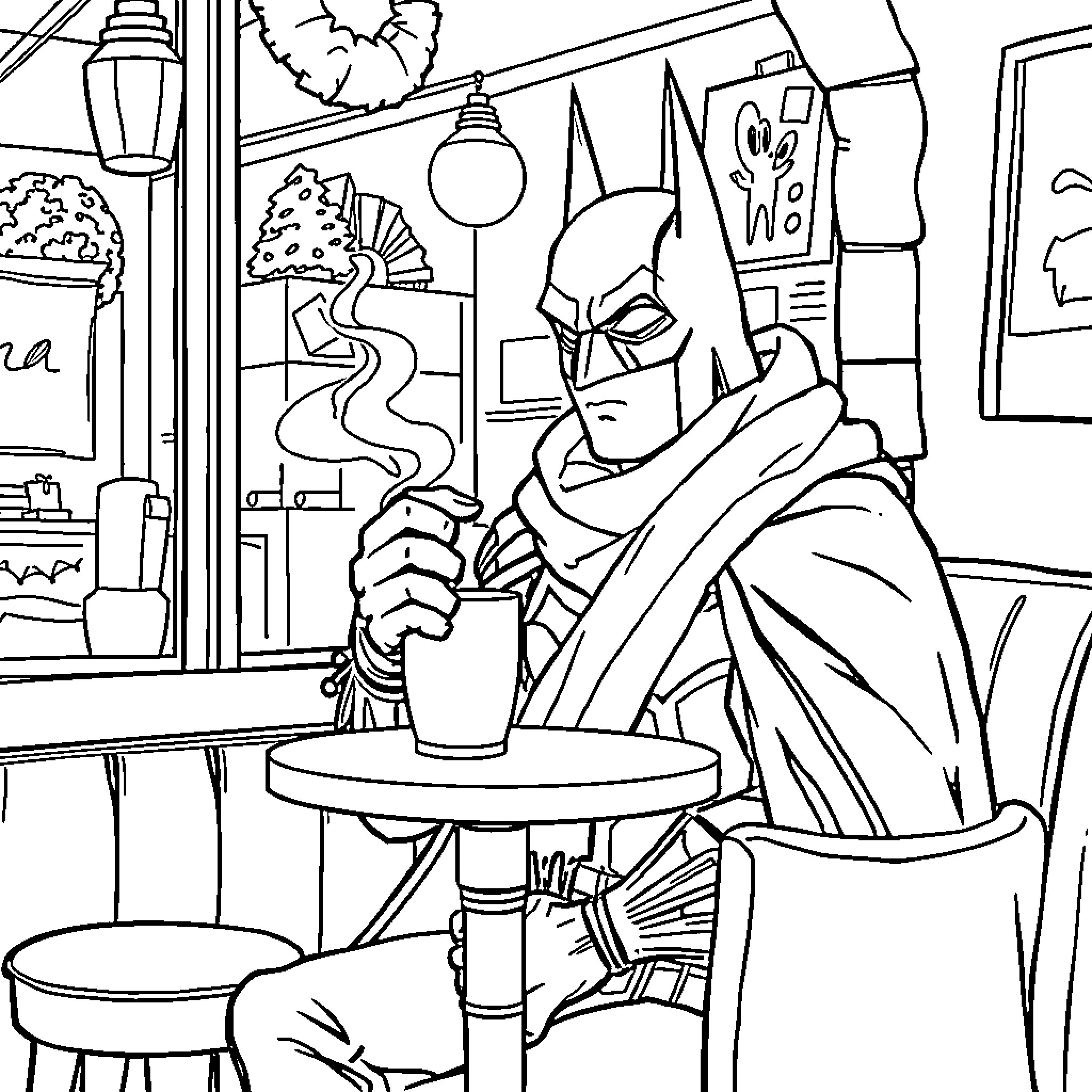 Batman Enjoying a Cup of Coffee in a Cozy Cafe Coloring Page (free black-and-white line drawing printable PDF for all, from beginners to advanced learners, including children, teens, adults, and seniors)