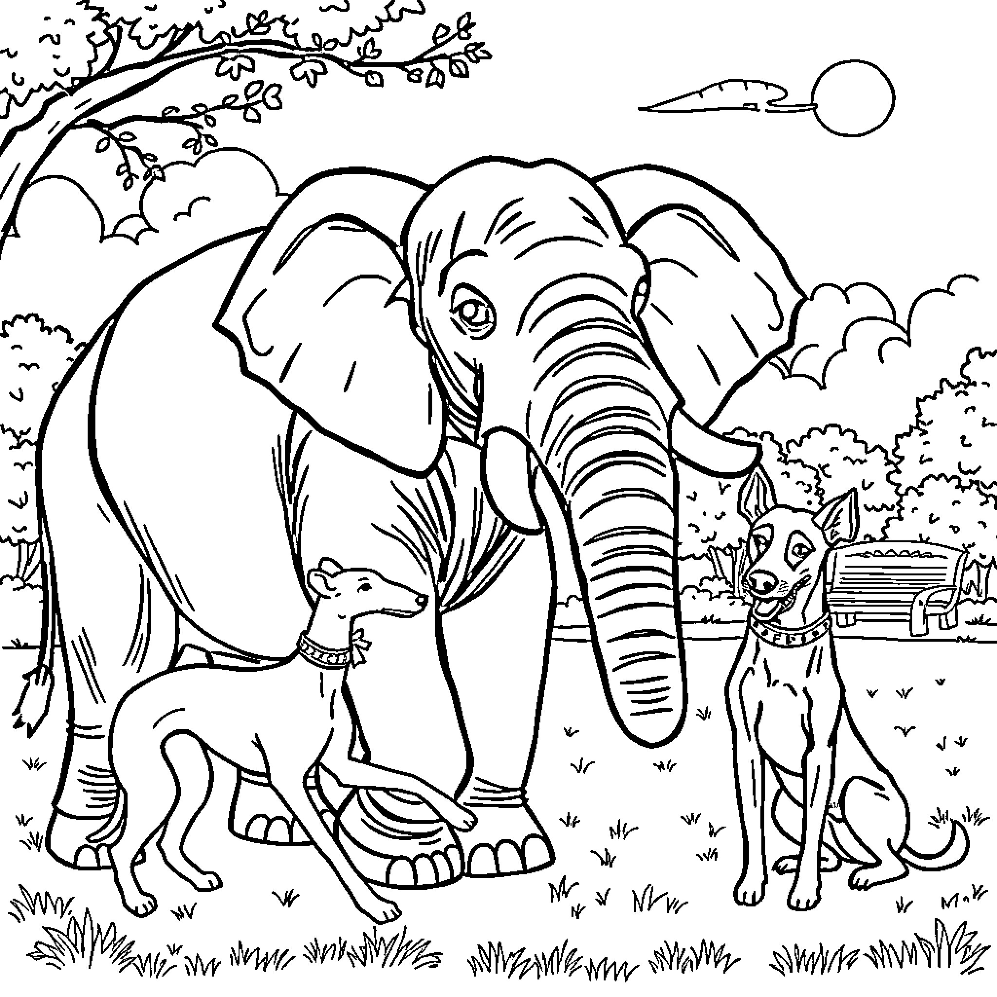 Elephant and animal friends in the wild Coloring Page (free black-and-white line drawing printable PDF for all, from beginners to advanced learners, including children, teens, adults, and seniors)