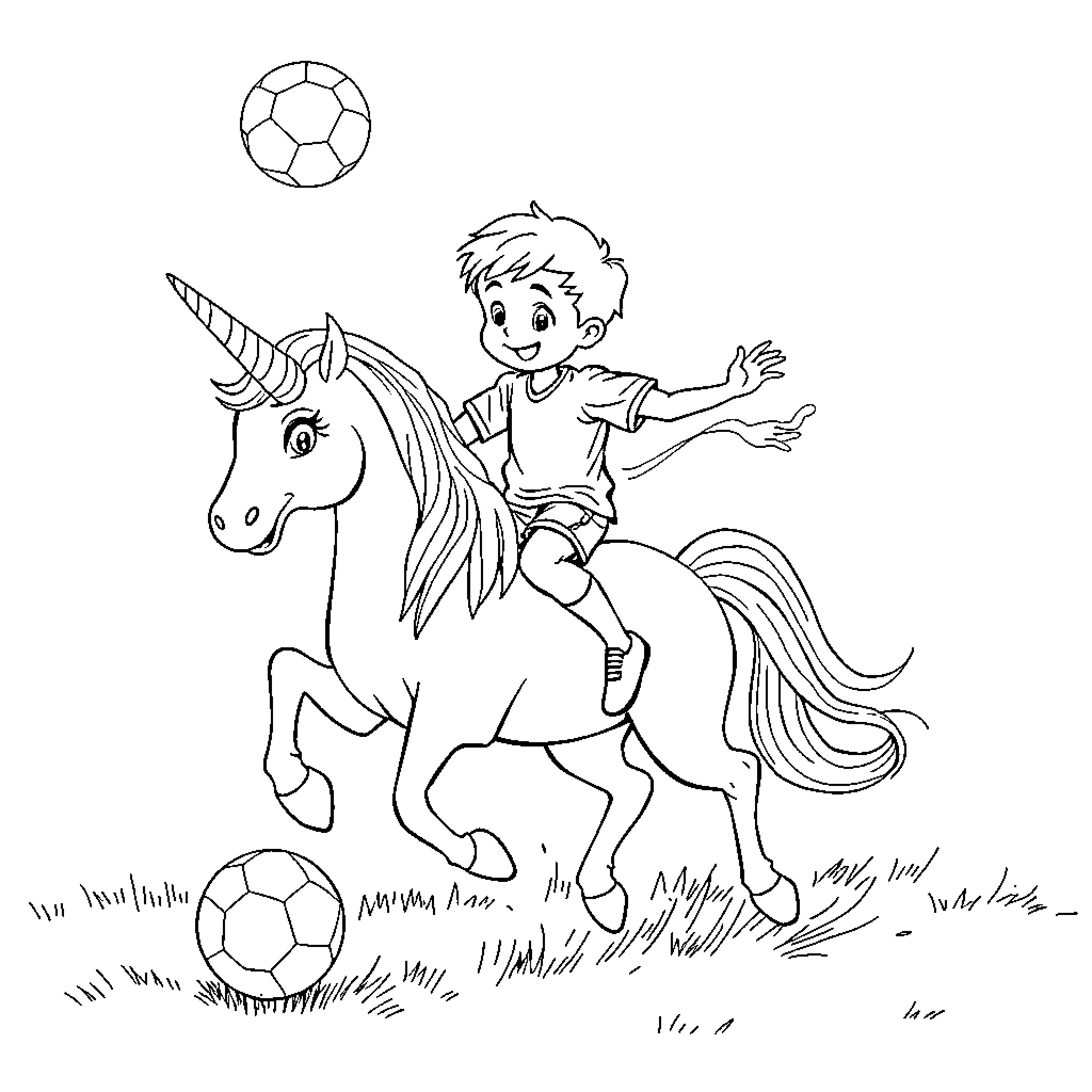 Boy riding a unicorn and playing with soccer balls Coloring Page (free black-and-white line drawing printable PDF for all, from beginners to advanced learners, including children, teens, adults, and seniors)