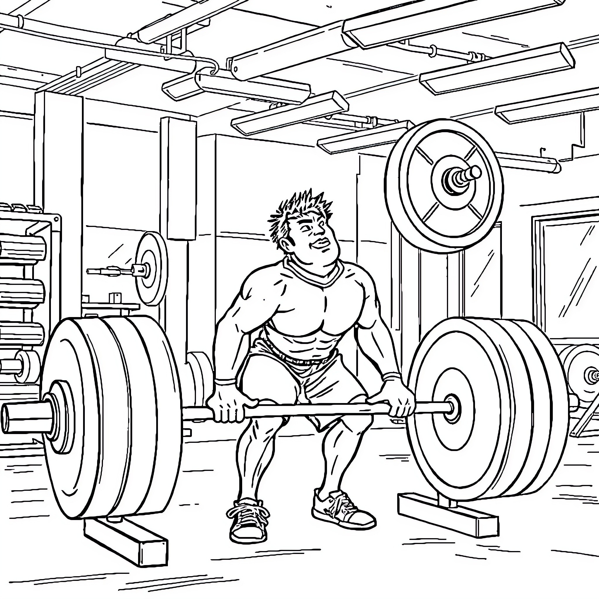Yoshida lifting weights in a gym Coloring Page (free black-and-white line drawing printable PDF for all, from beginners to advanced learners, including children, teens, adults, and seniors)