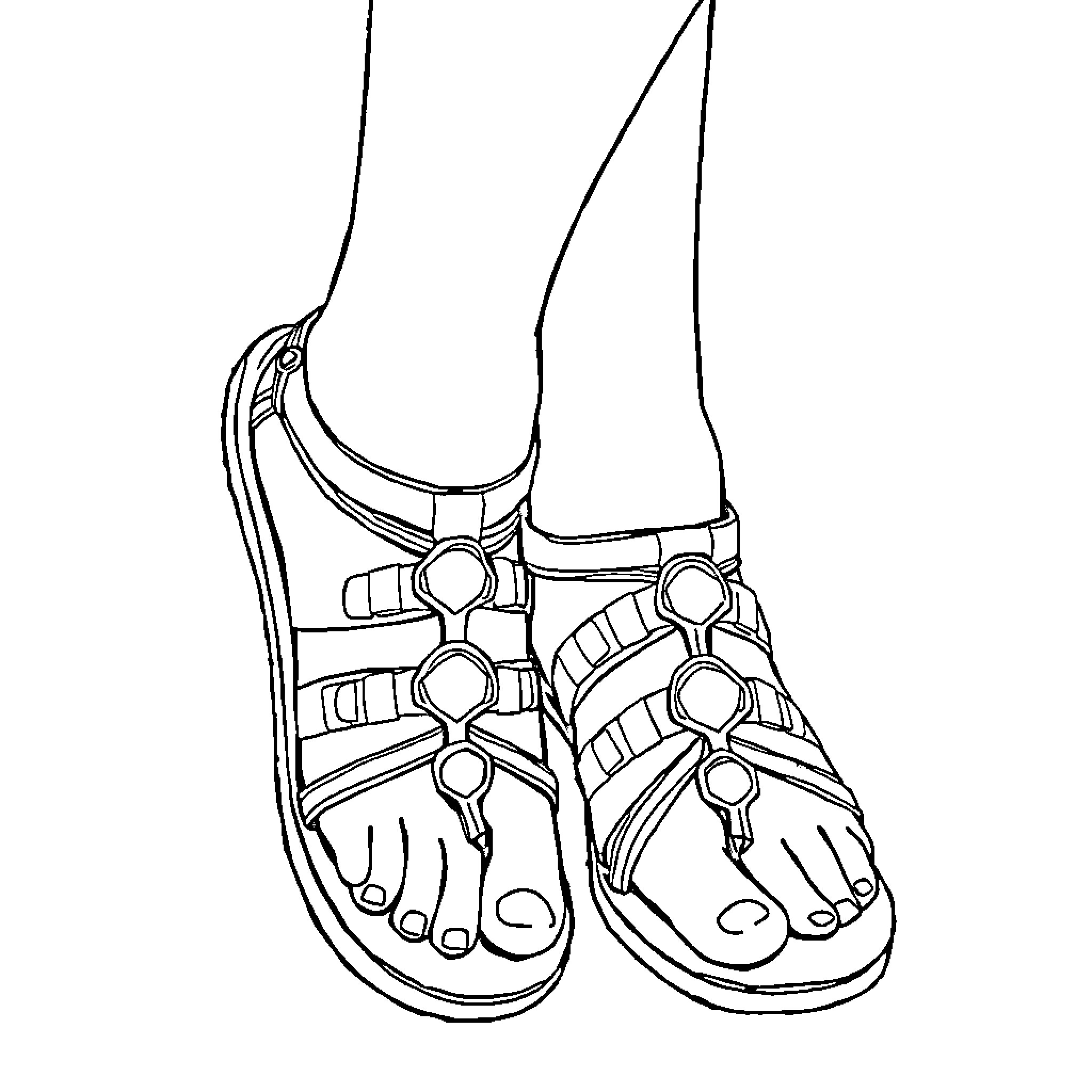 Woman wearing decorative sandals Coloring Page (free black-and-white line drawing printable PDF for all, from beginners to advanced learners, including children, teens, adults, and seniors)
