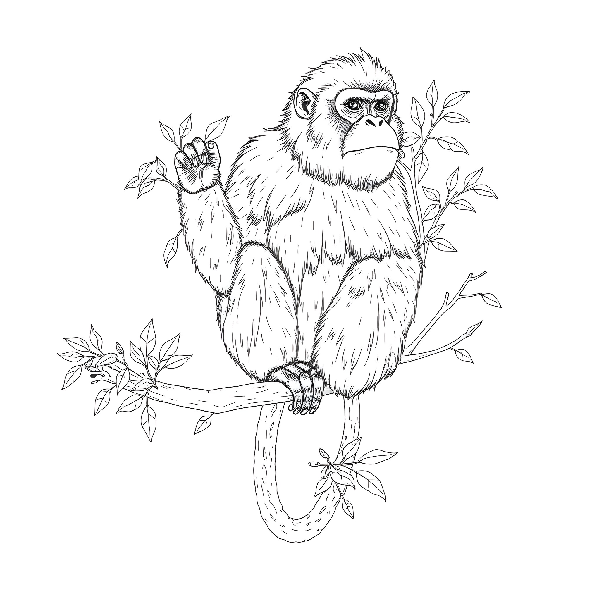 Monkey perched on branch with leaves Coloring Page (free black-and-white line drawing printable PDF for all, from beginners to advanced learners, including children, teens, adults, and seniors)
